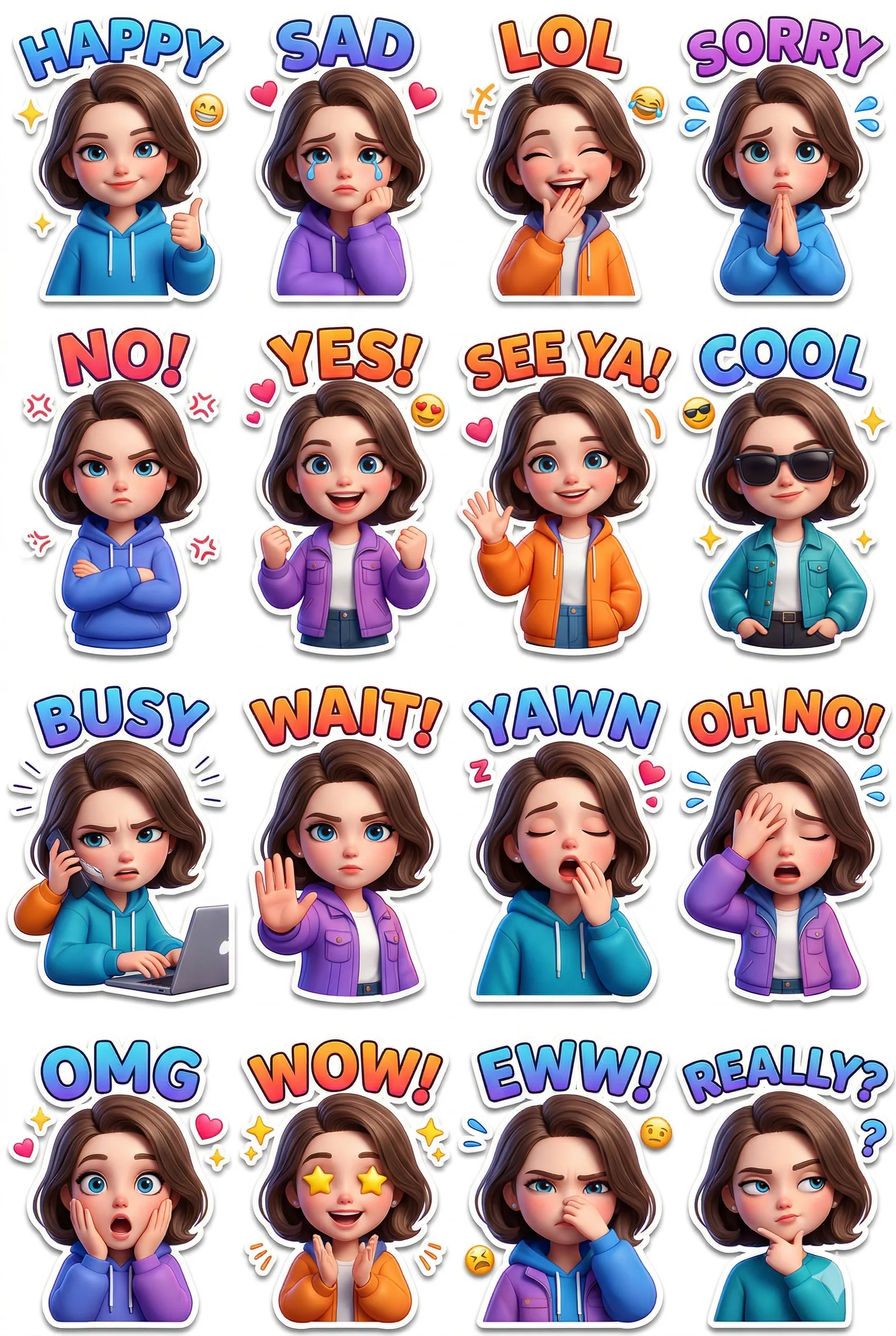 Sixteen colorful 3D cartoon woman stickers with varied expressions and text labels