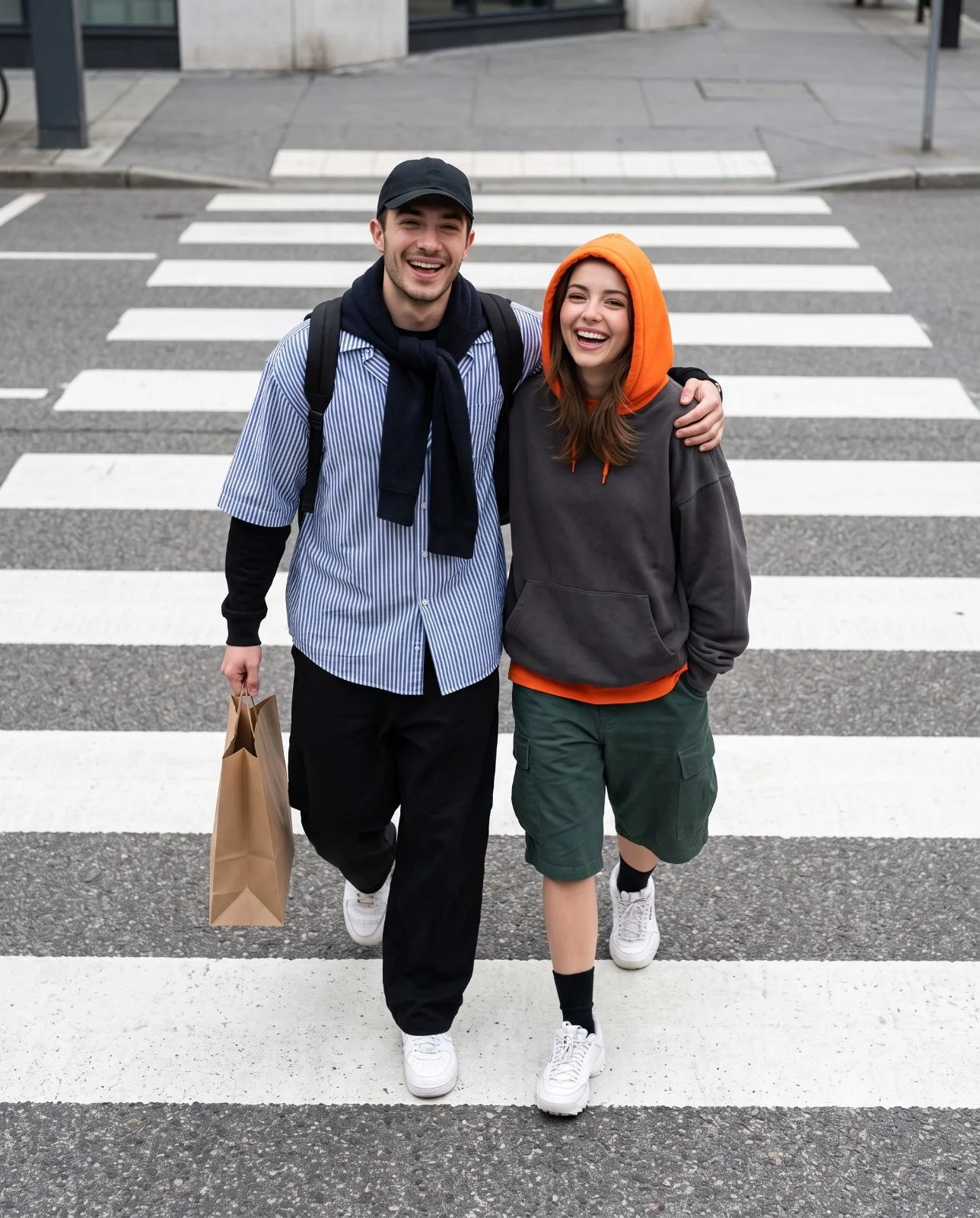 Laughing couple in layered streetwear looking up while walking across a zebra crossing
