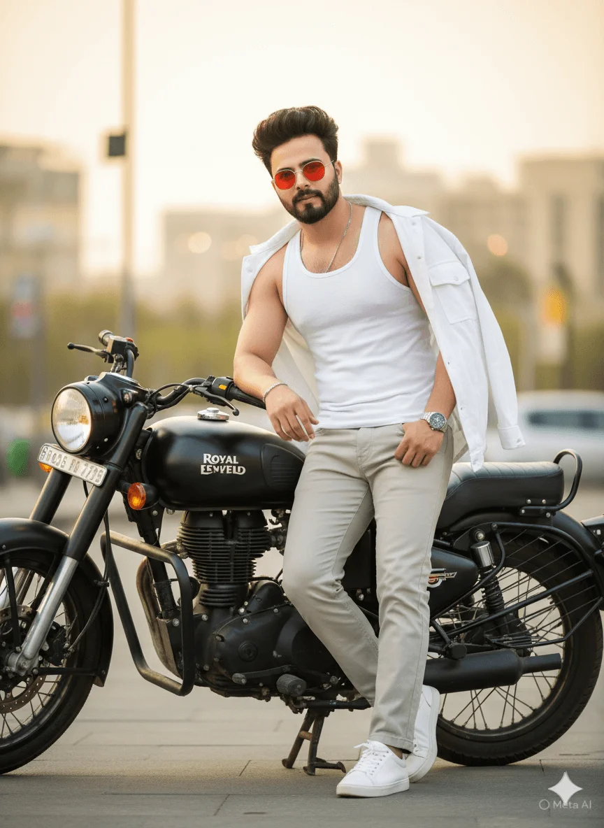 Young man in light streetwear leaning against a matte black motorcycle outdoors