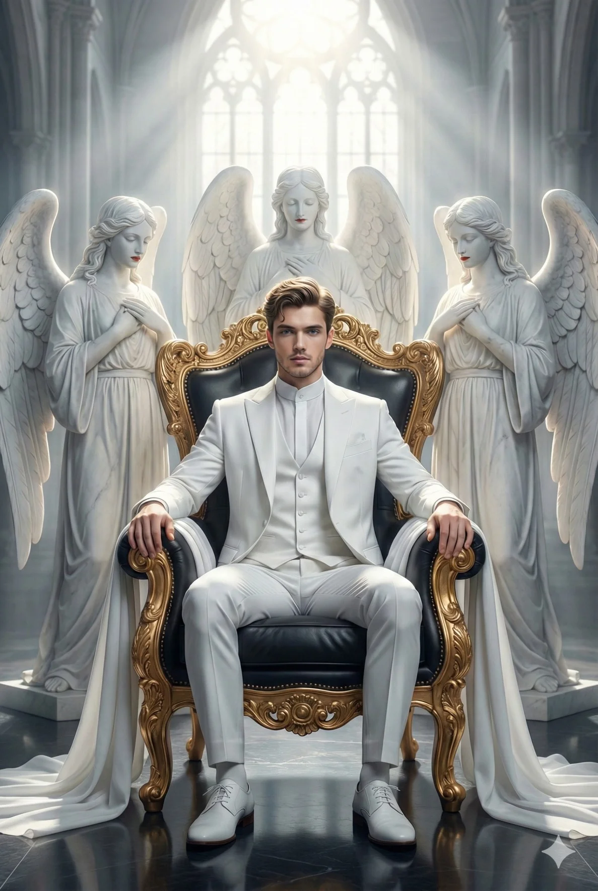Man seated on an ornate celestial throne beneath an arch with large angel wings