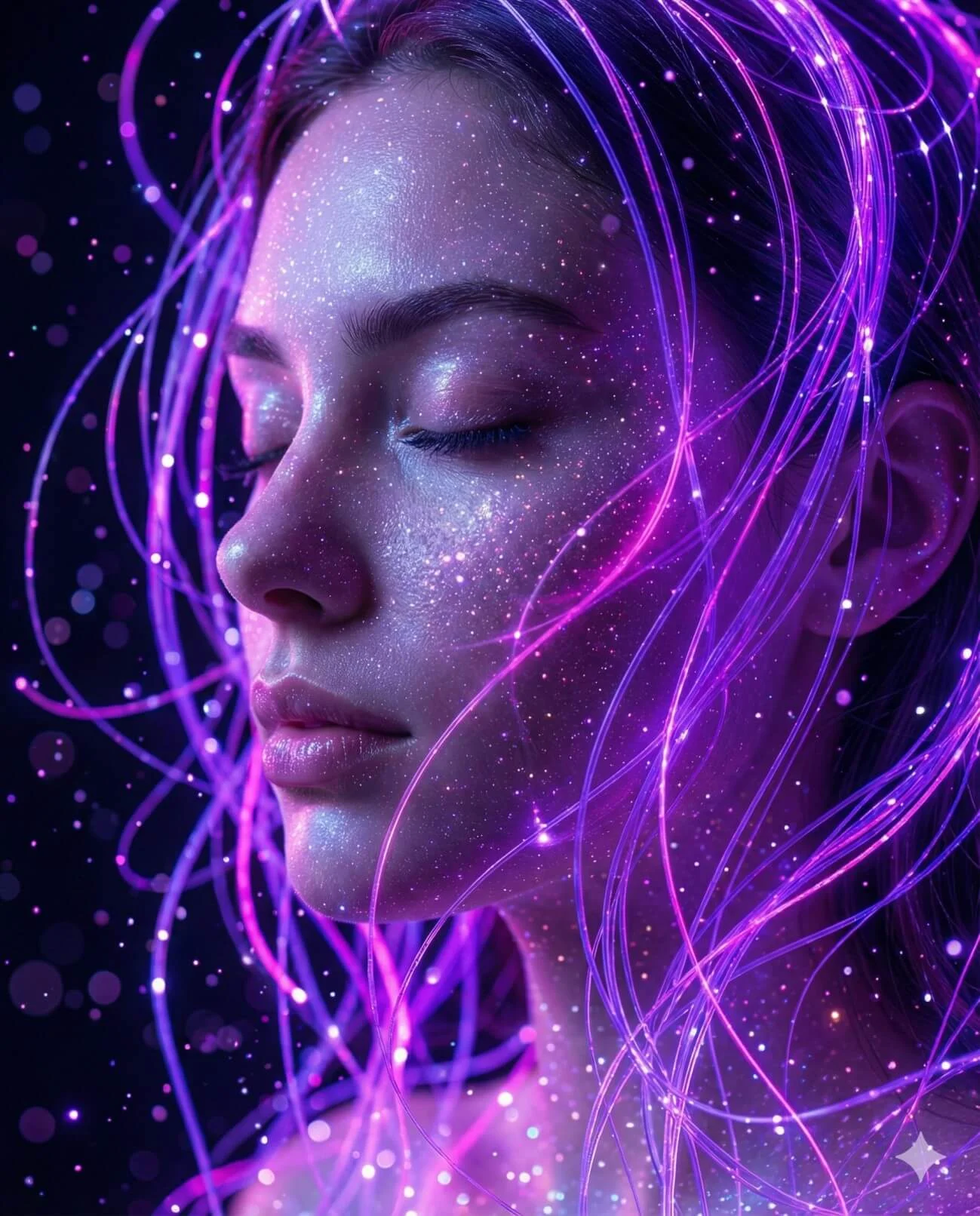 Woman in profile surrounded by glowing purple and magenta fiber-optic strands