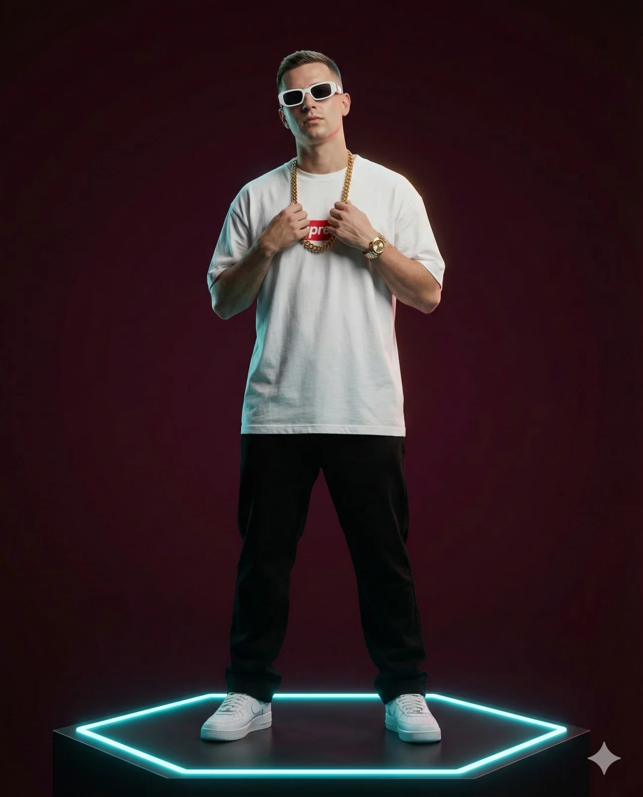 Young man posing confidently in red and blue streetwear against a studio background