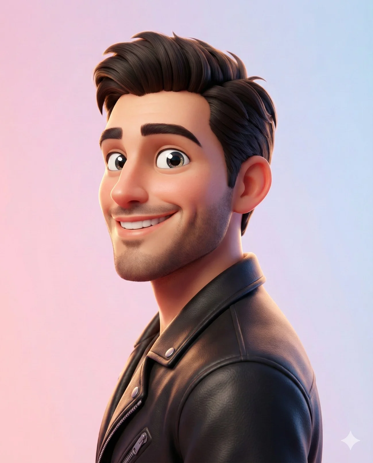 Playful stylized 3D character with large expressive eyes and a wide grin