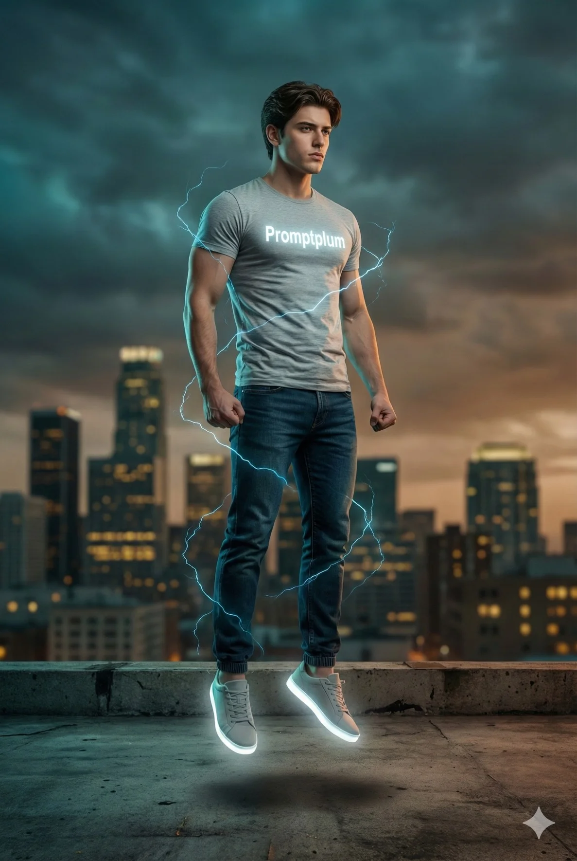 Man levitating above a rooftop with electric-blue energy and glowing sneakers