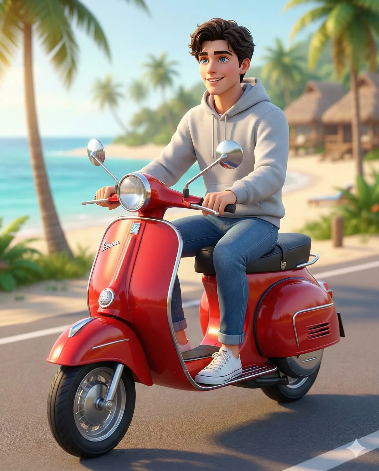 Stylized animated young man riding a red scooter through a tropical landscape