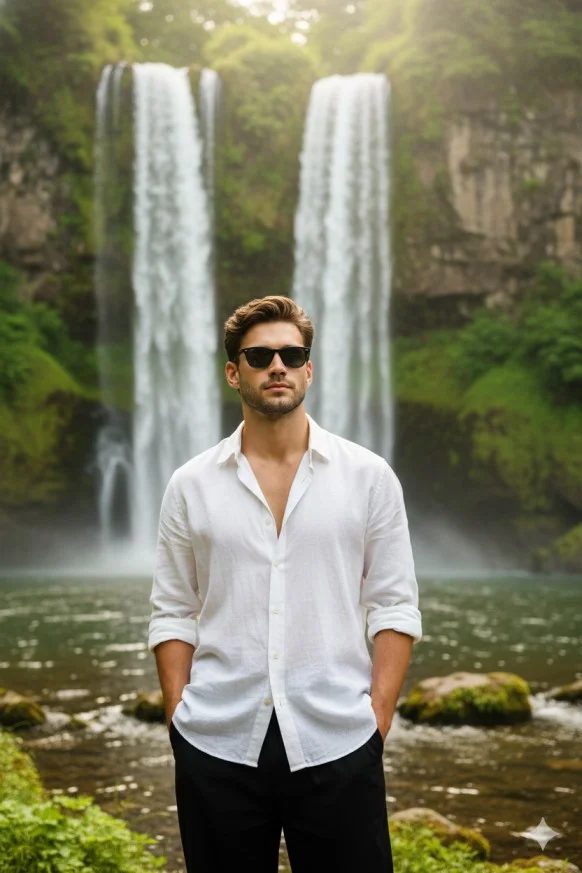 Man in a white linen shirt standing before twin waterfalls and green cliffs