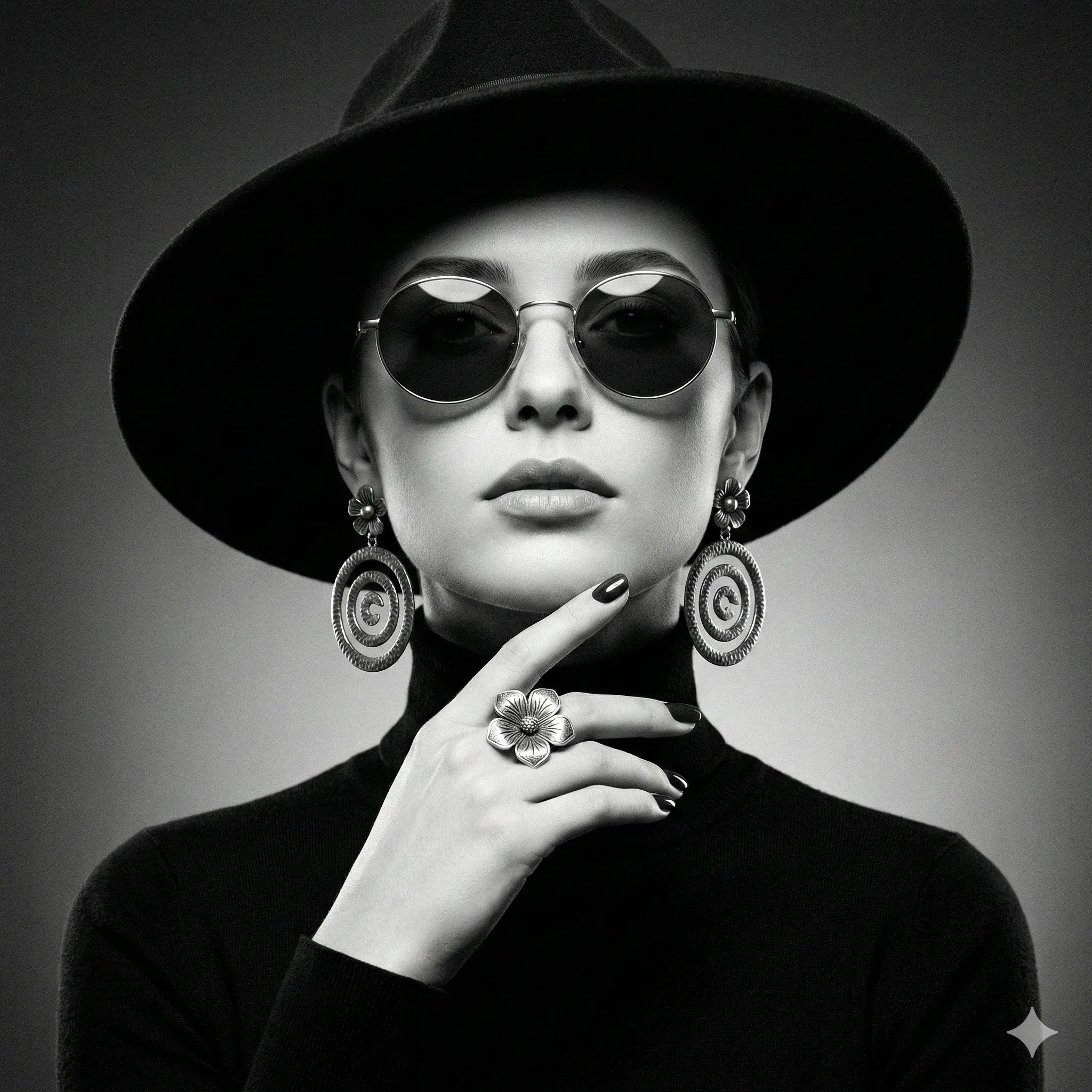 Woman in a wide-brim black hat and round sunglasses posing with one hand below her chin