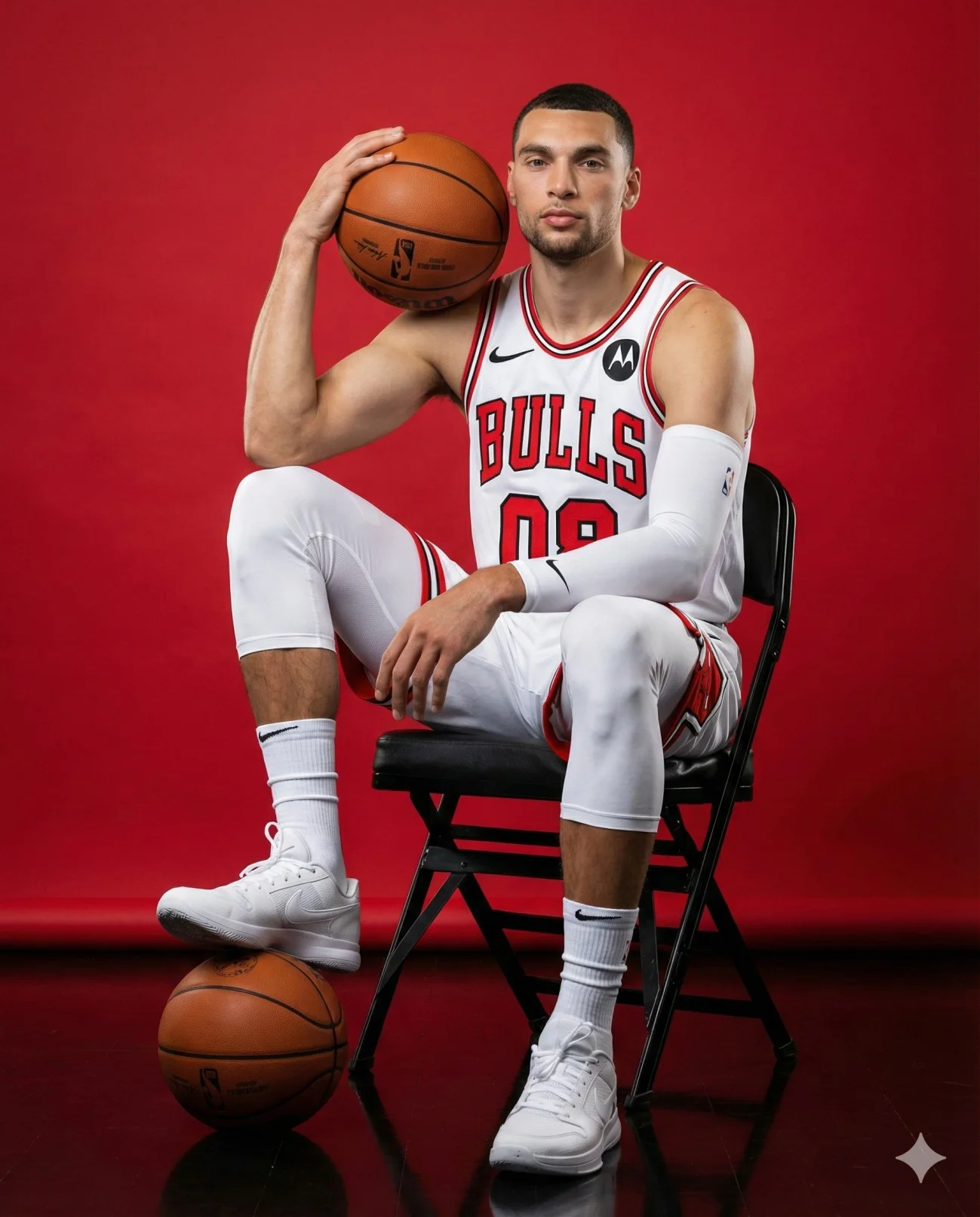 Basketball player in a white Chicago Bulls uniform seated with two basketballs against a red backdrop