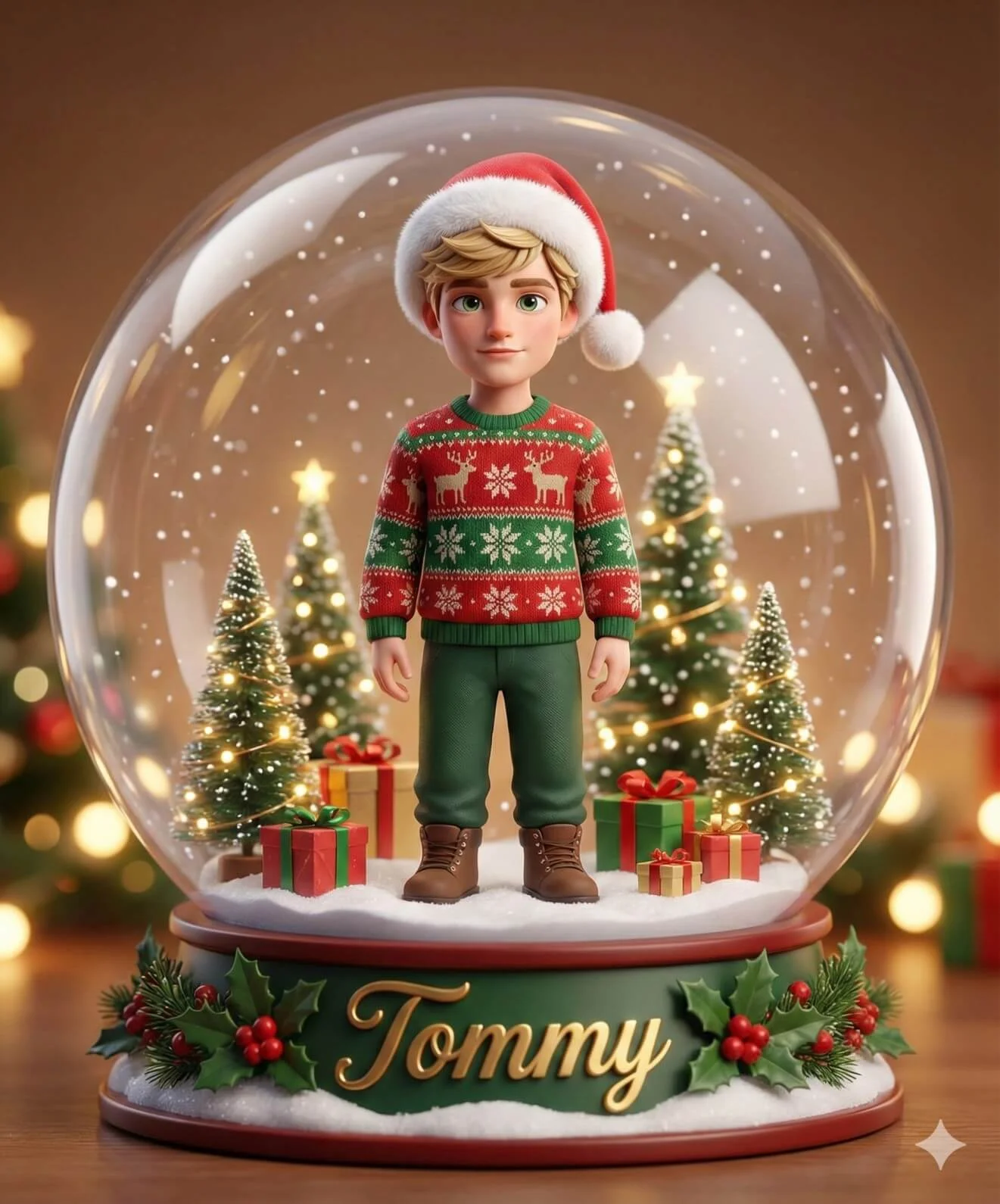 Stylized character wearing a Santa hat inside a decorated Christmas snow globe