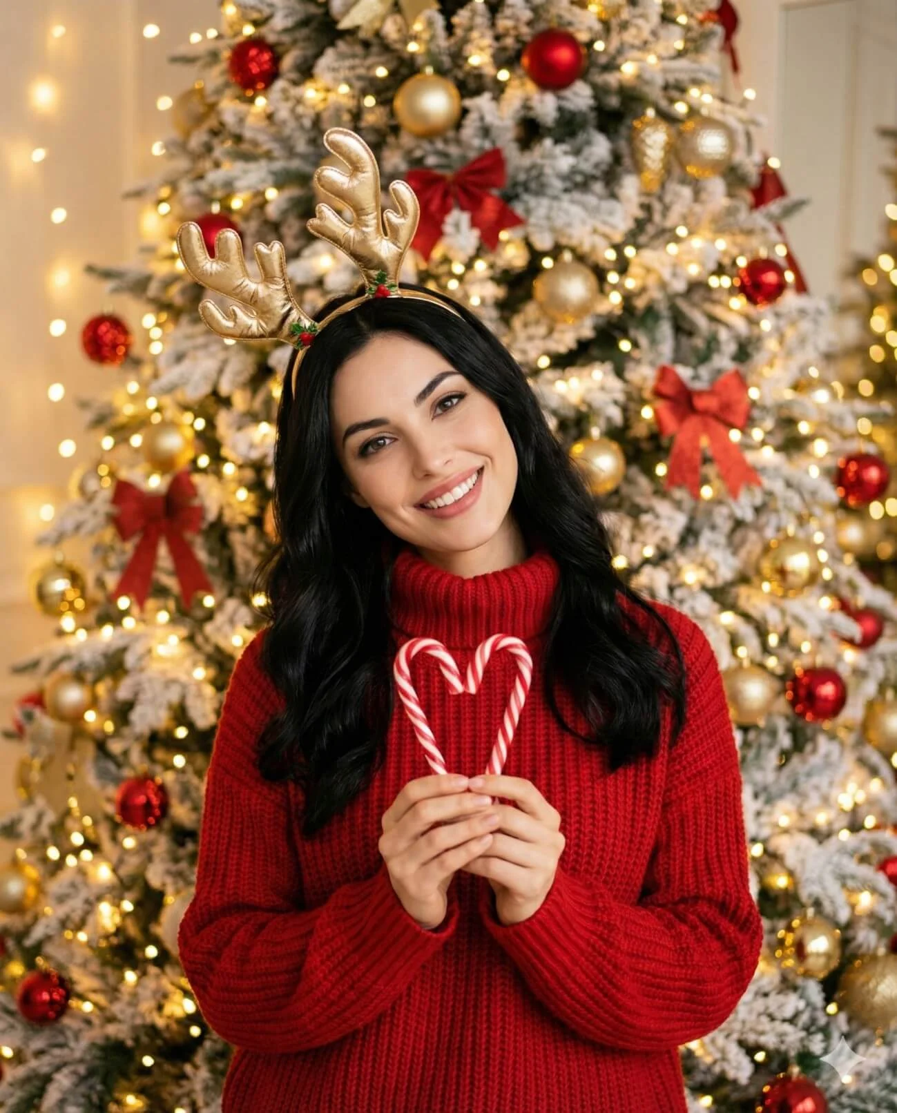 Woman in a red sweater wearing golden reindeer antlers and holding striped candy canes