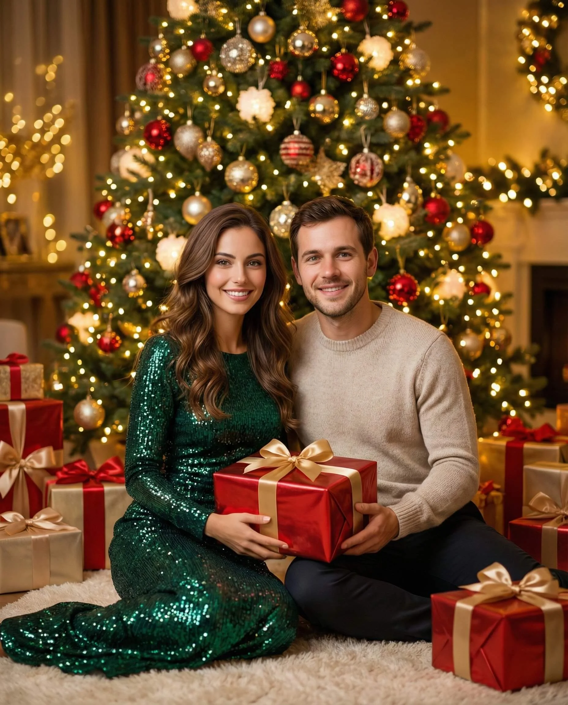 Smiling couple seated before a Christmas tree in beige knitwear and a green sequin dress