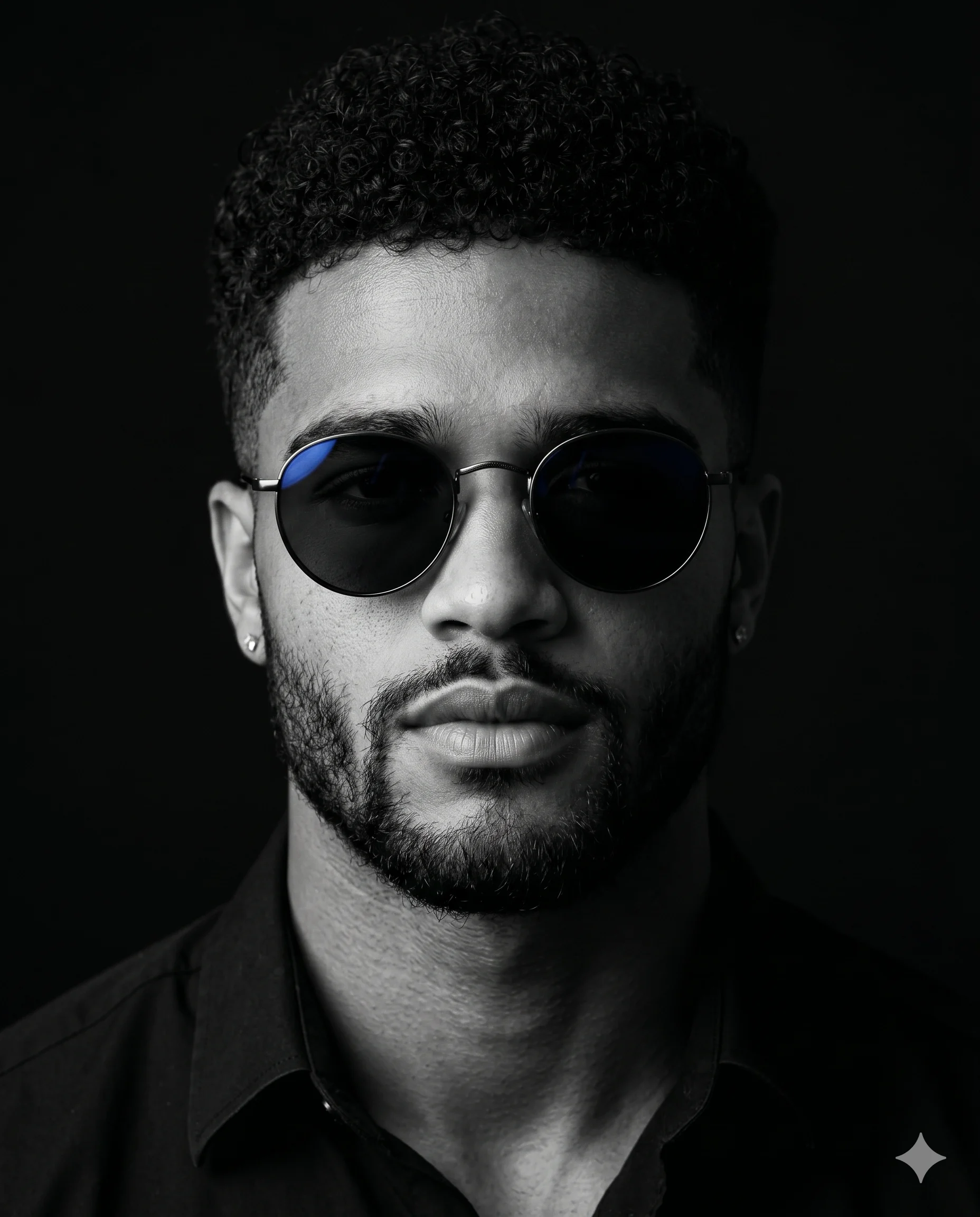 Man wearing round dark sunglasses in a high-contrast black-and-white studio portrait