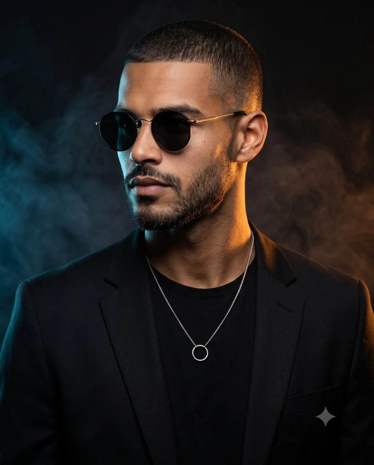 Man wearing round sunglasses and a black blazer under teal and orange rim lighting