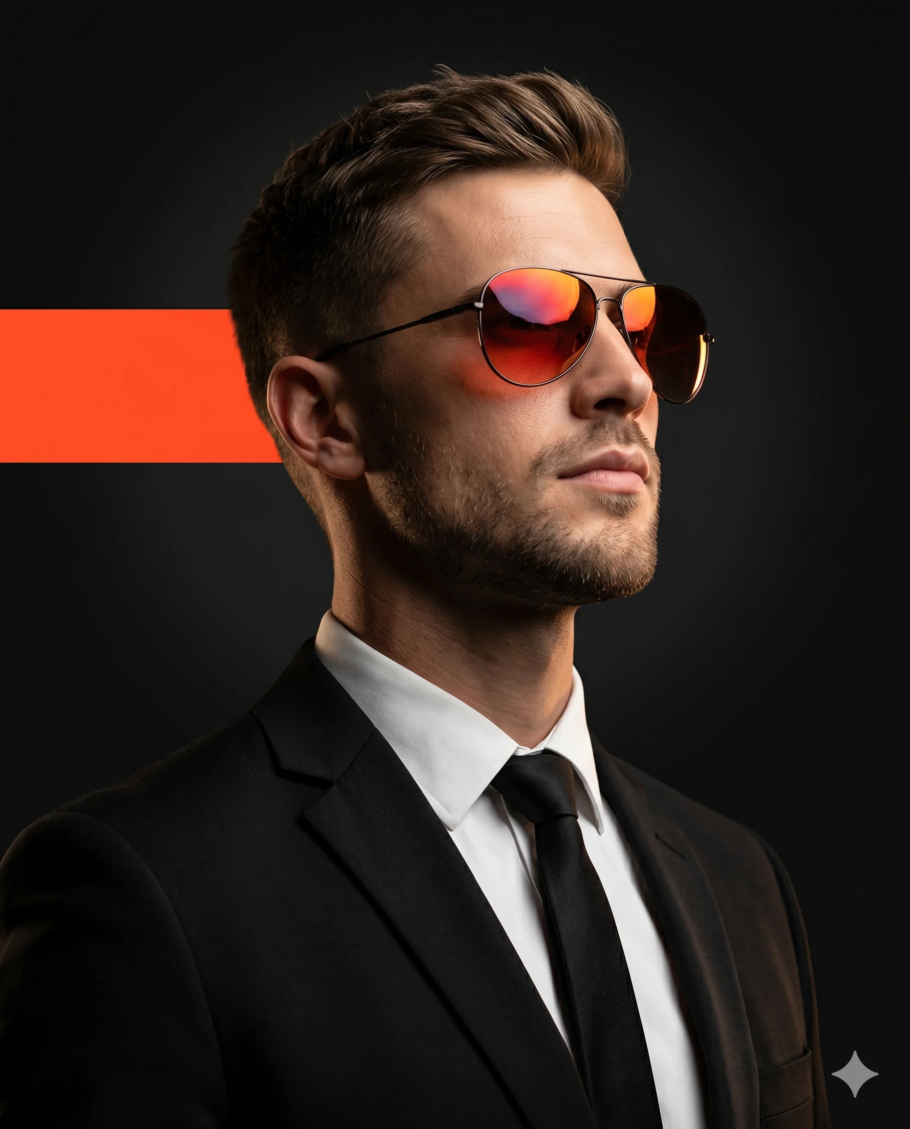 Man in a black suit wearing orange reflective aviator sunglasses against a dark background