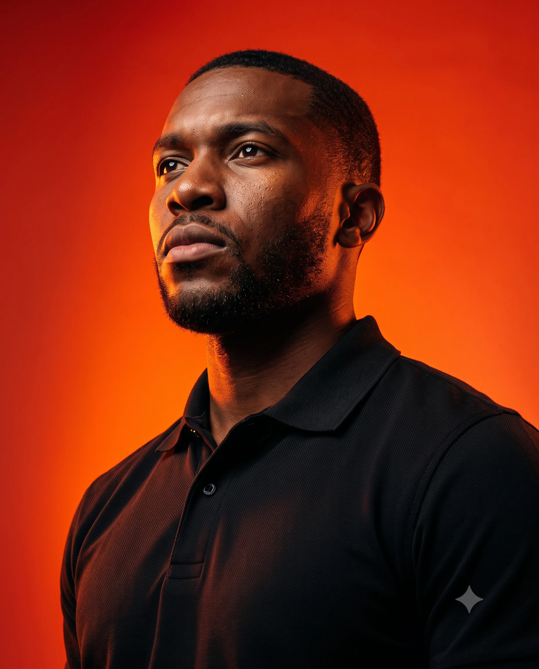 Man in a black polo shirt photographed against a vivid orange-red studio background