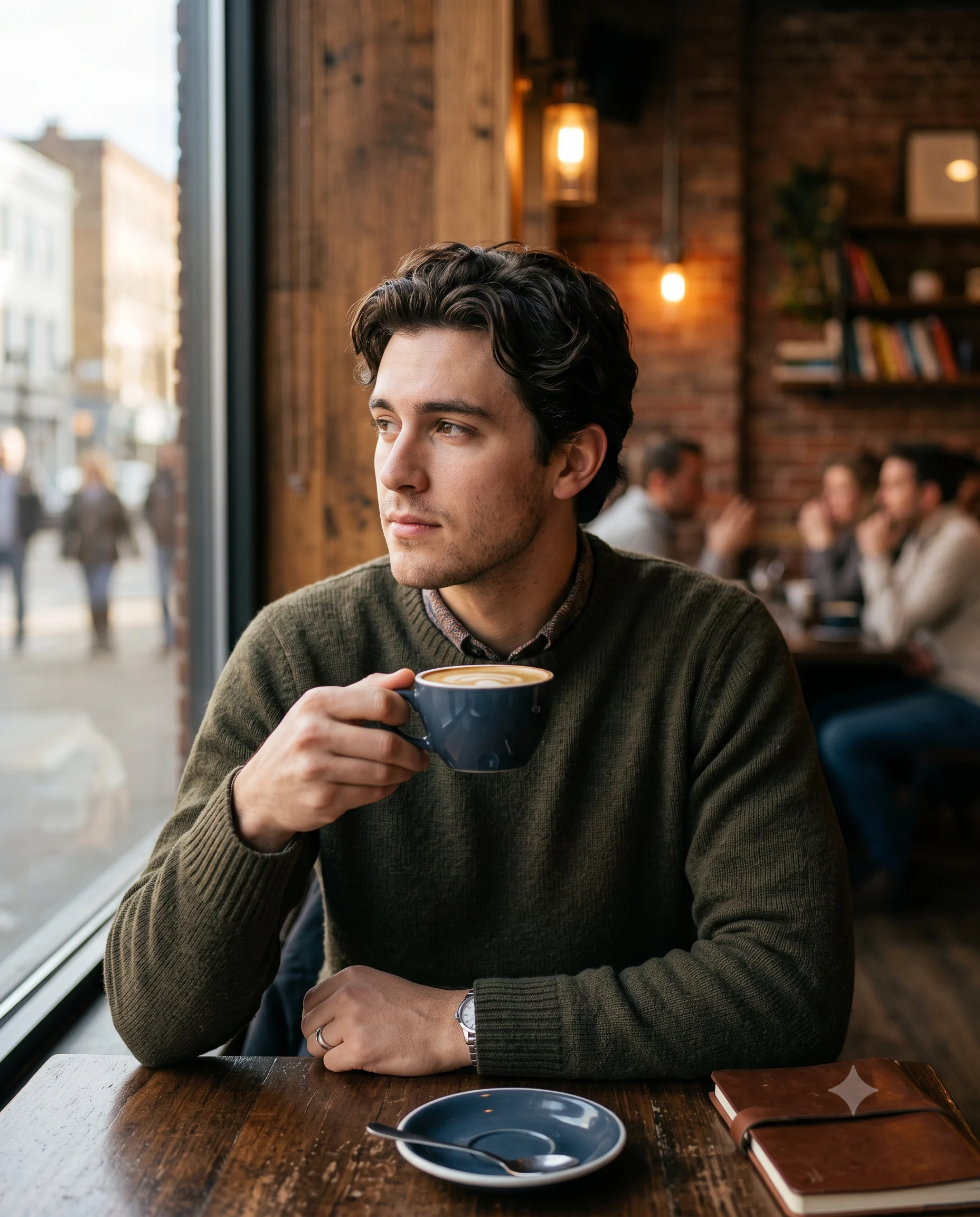 Thoughtful man holding a coffee cup beside the window of a cozy urban cafe