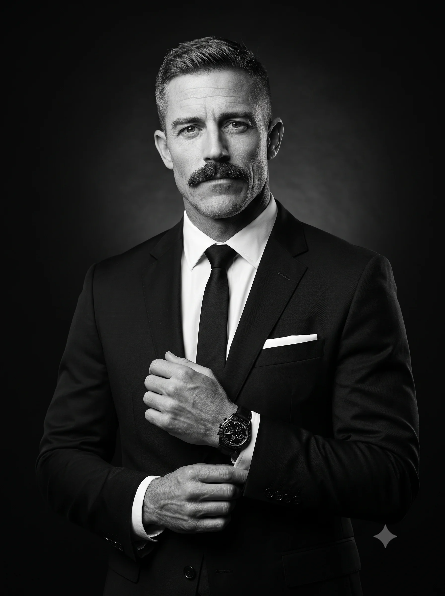 Gentleman in a black suit adjusting his cuff in a monochrome studio portrait