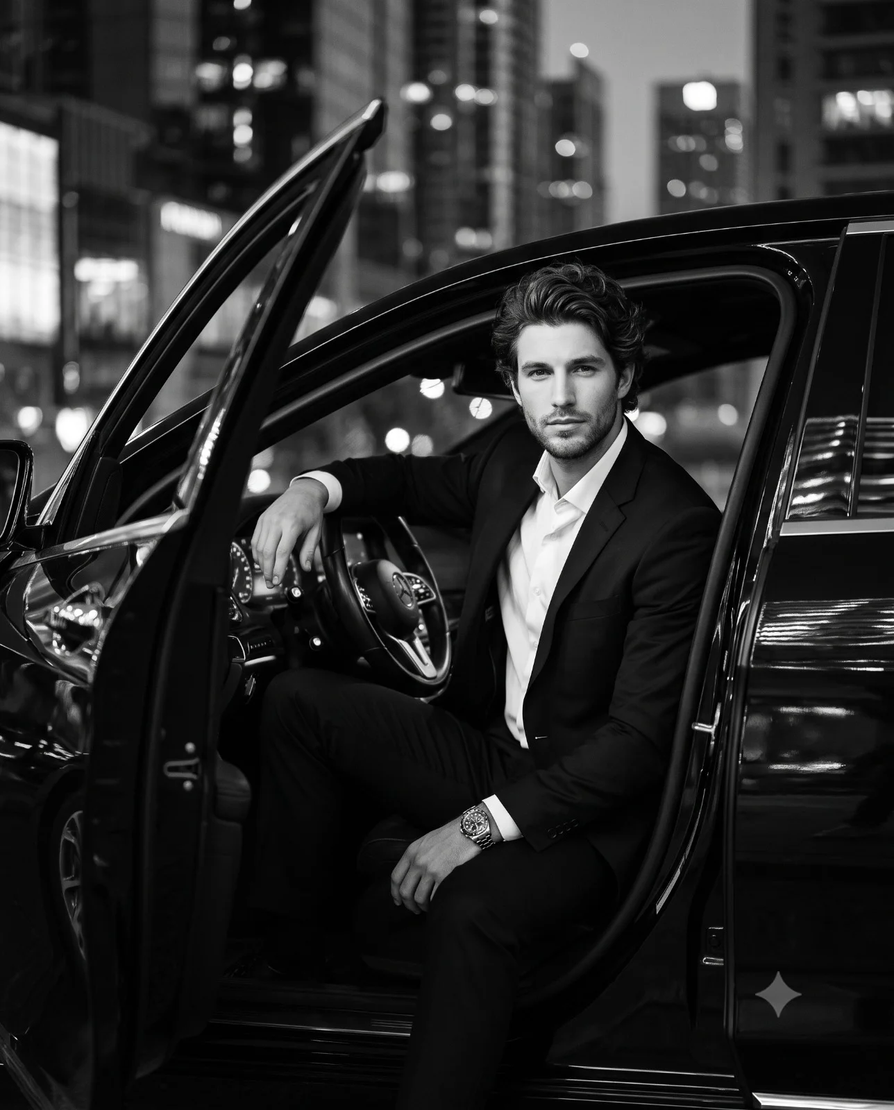 Suited man seated inside a black luxury car with the driver door open at night
