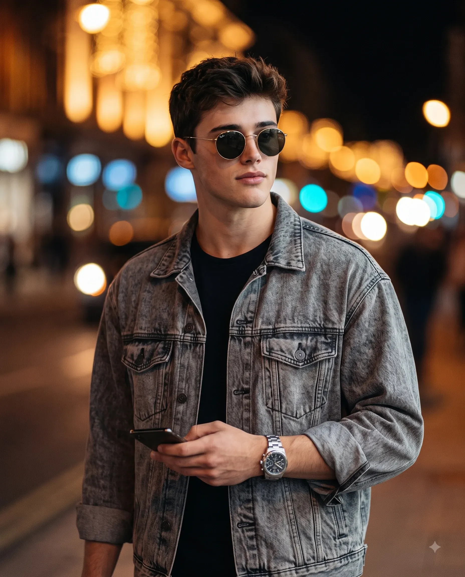 Young man in sunglasses and a gray denim jacket holding a phone on a bokeh-lit street