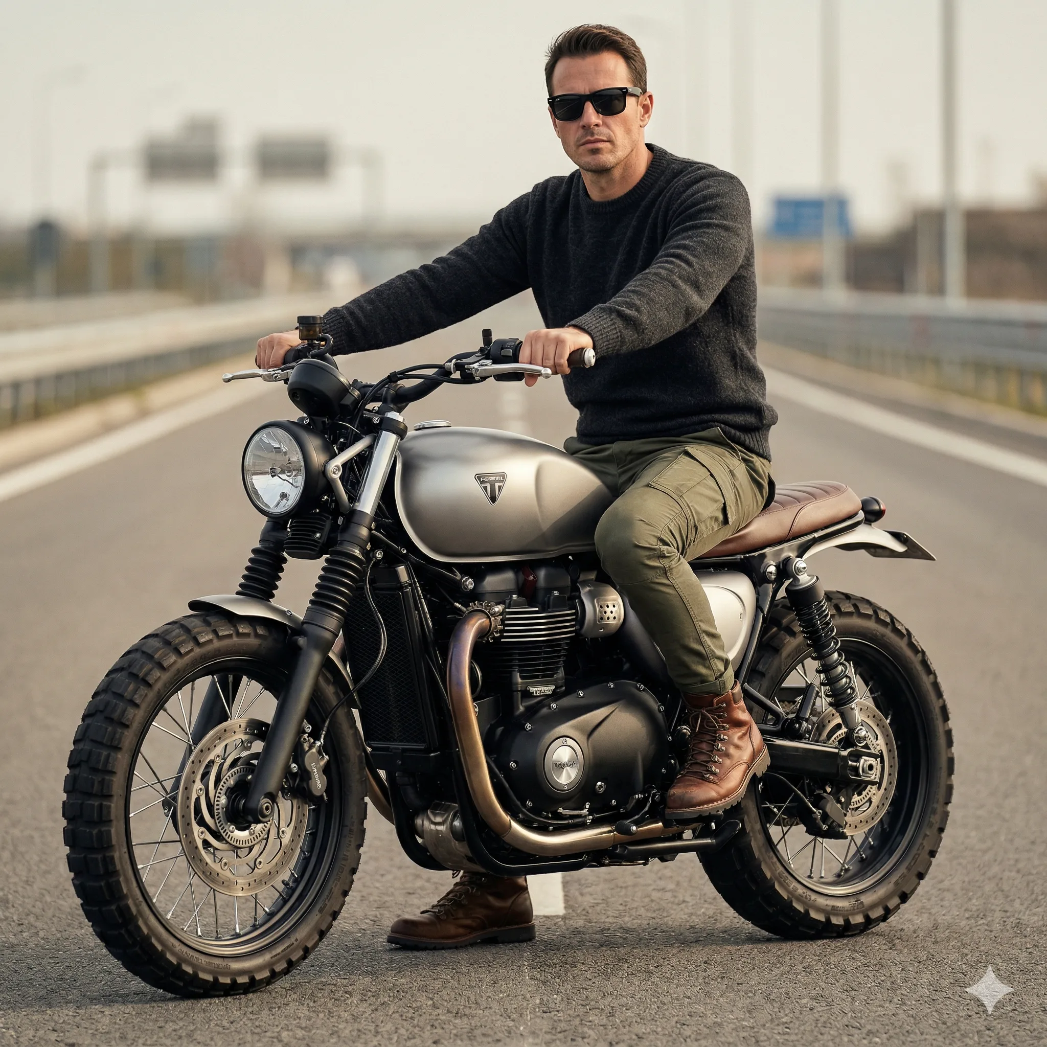 Man in a charcoal sweater seated on a scrambler motorcycle on an empty highway