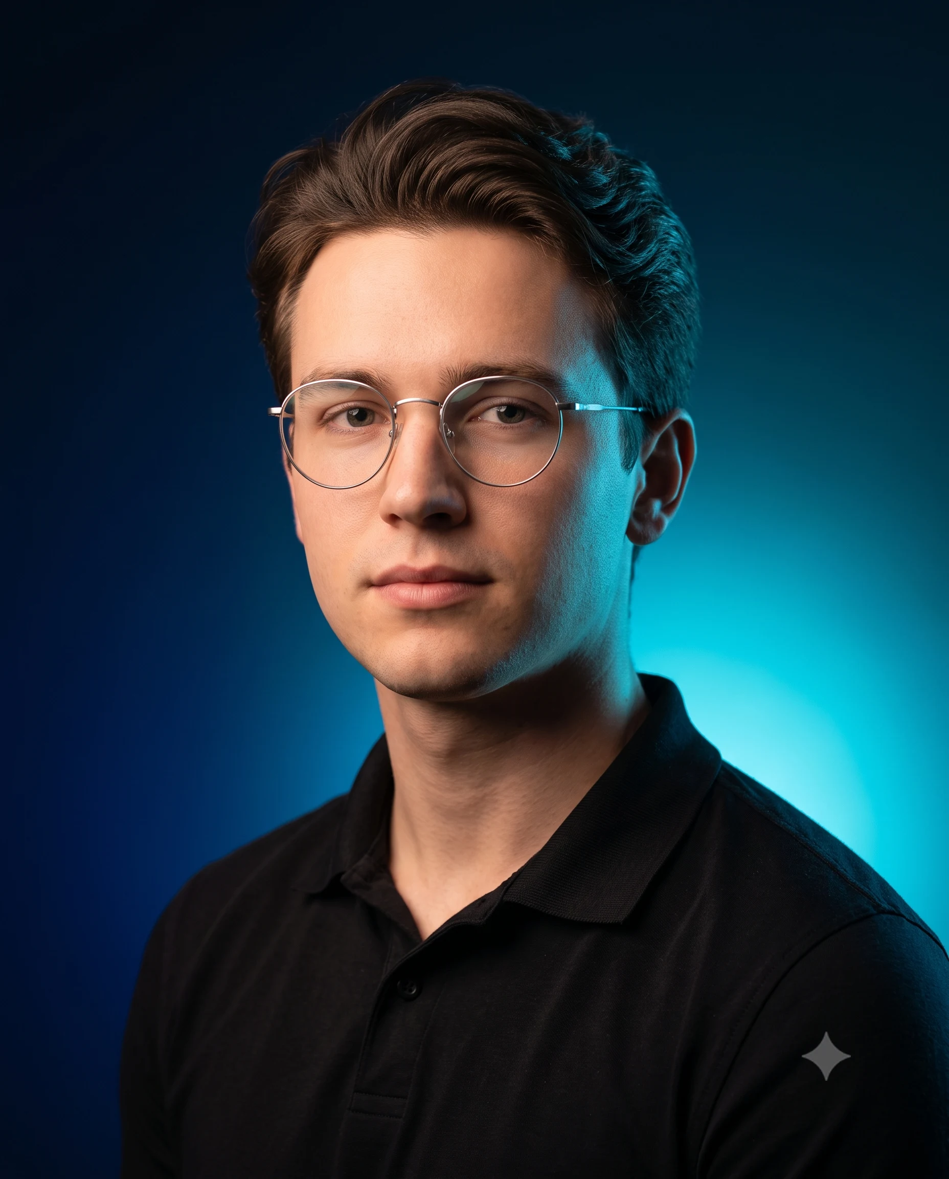 Man in round glasses and a black polo posed before a blue and cyan studio glow