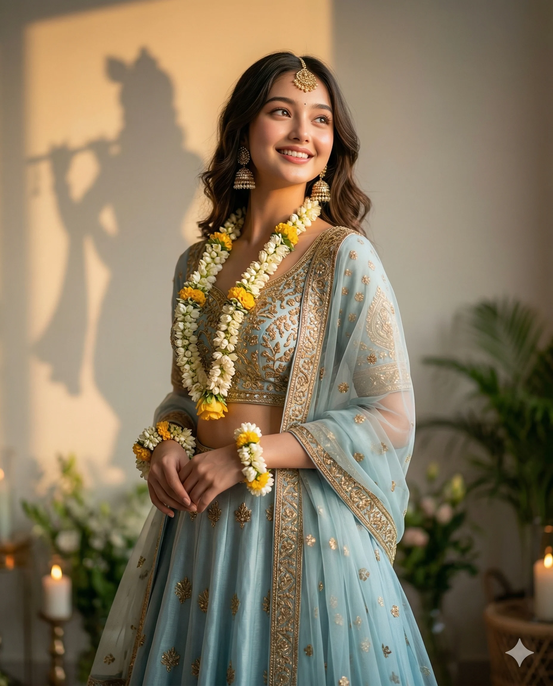 Woman in a pastel-blue lehenga and flower garland beside a flute-playing wall shadow