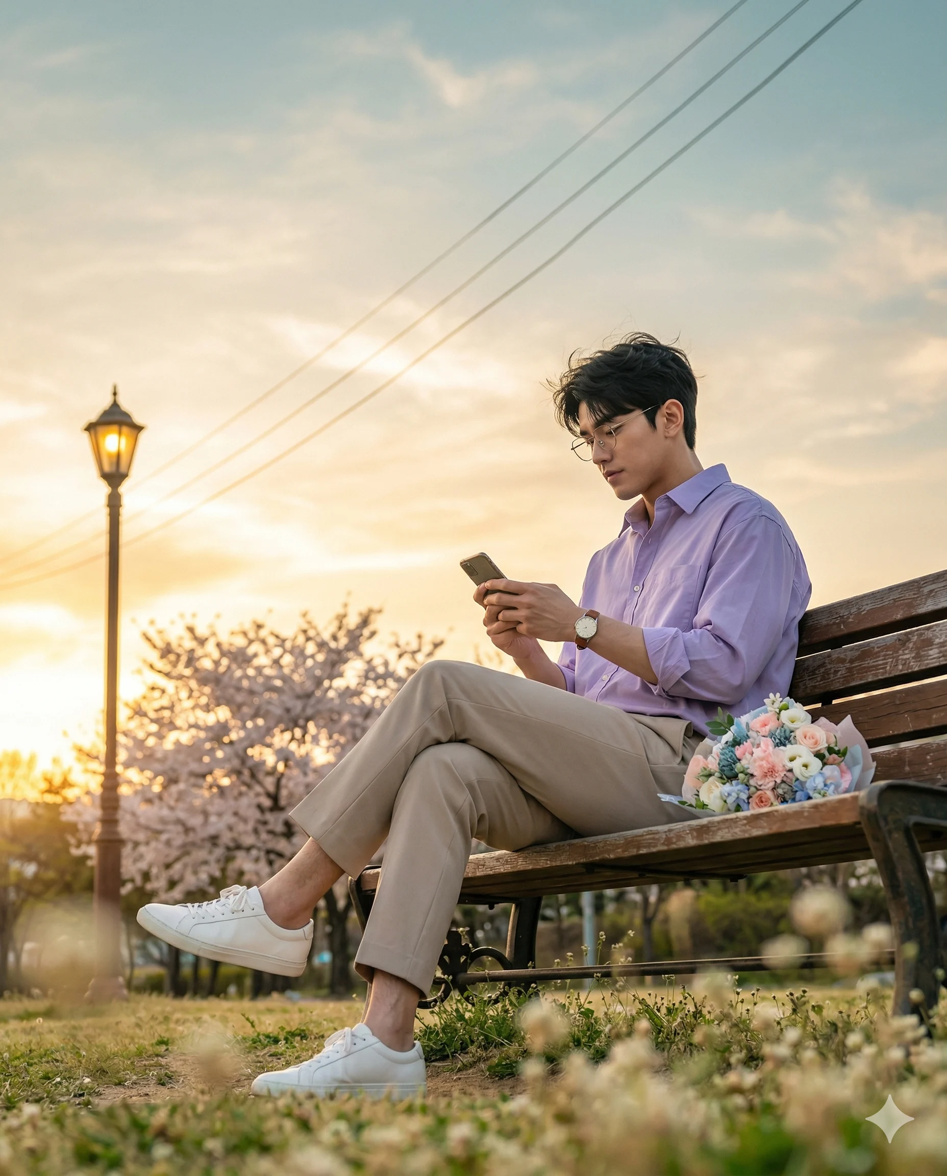 Man checking a smartphone on a wooden park bench beside a pastel flower bouquet