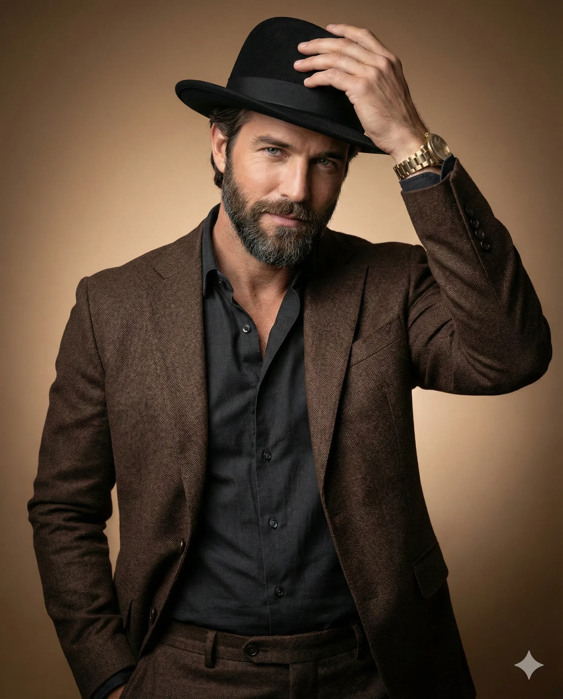 Gentleman in a brown blazer tipping a black fedora against a warm studio background