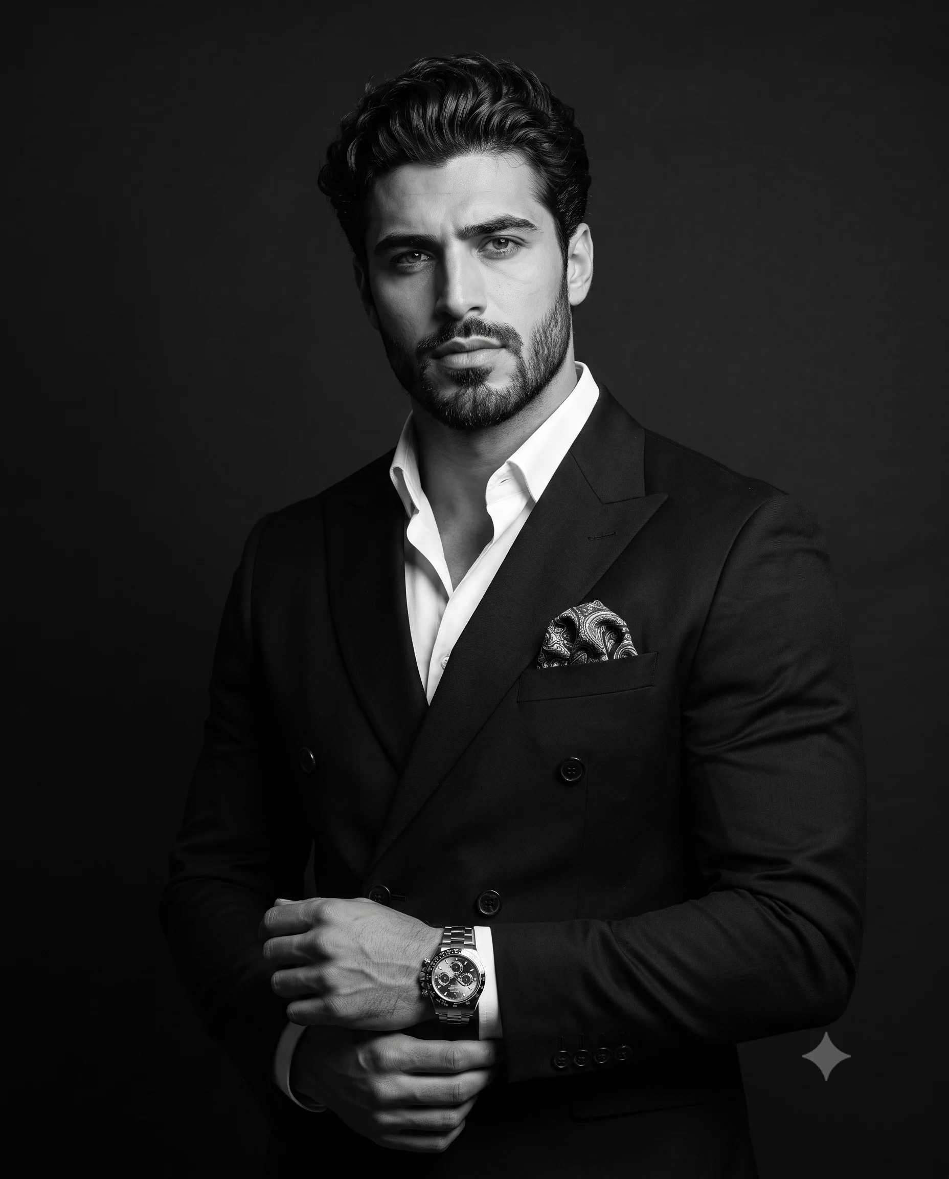 Elegant gentleman in a double-breasted black suit adjusting his cuff in a dark studio