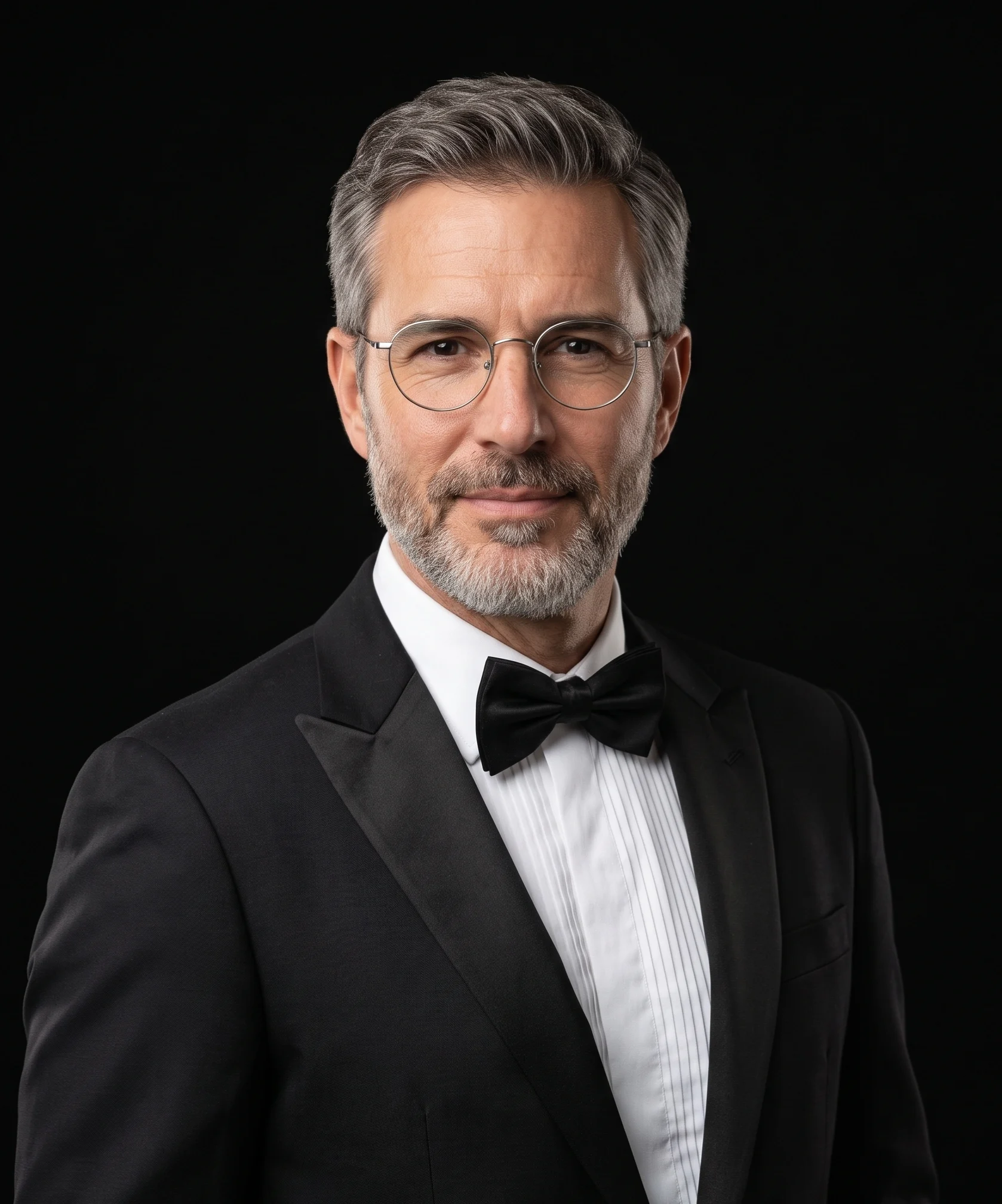Man in a black tuxedo and bow tie wearing round glasses against a black background