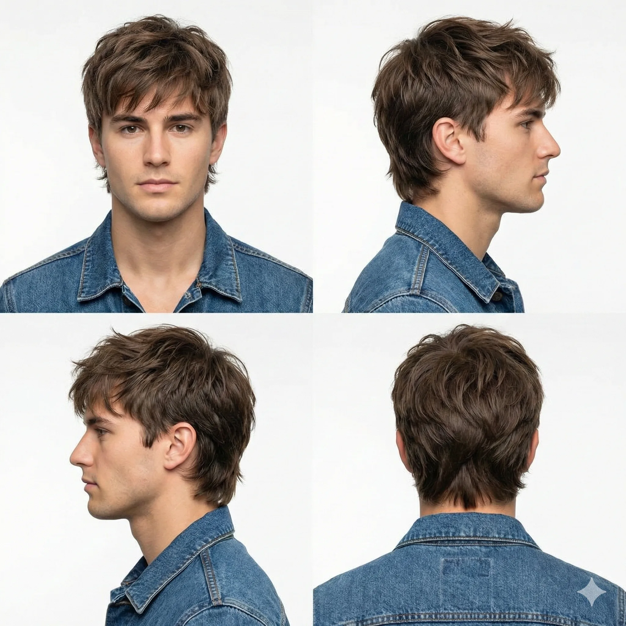 Four-panel studio reference showing a man with a layered wolf cut from multiple angles