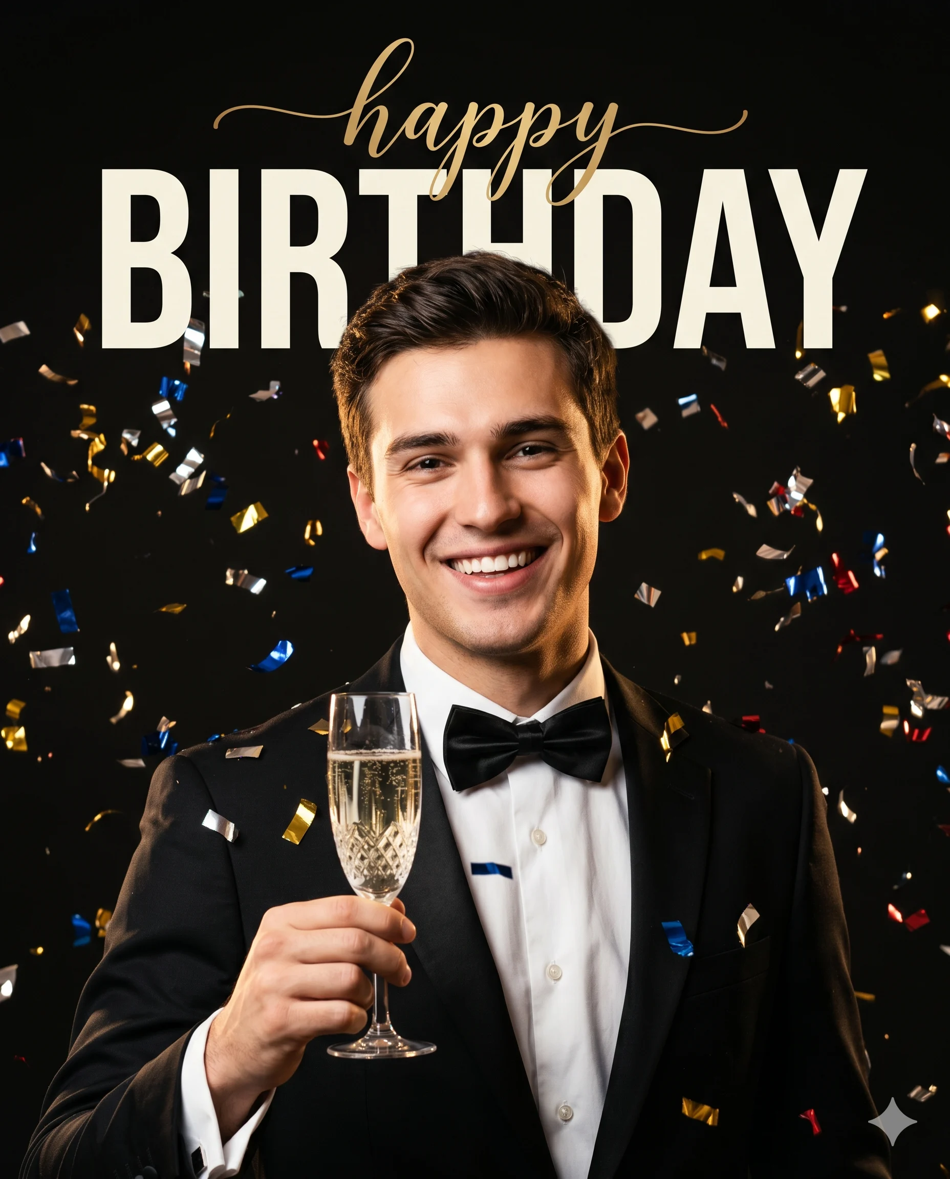 Smiling man in a black tuxedo holding champagne beneath happy birthday text and confetti