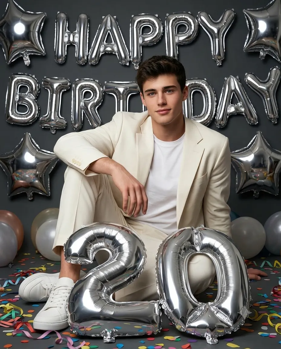 Man in a cream suit seated beside silver number 20 balloons under happy birthday letters