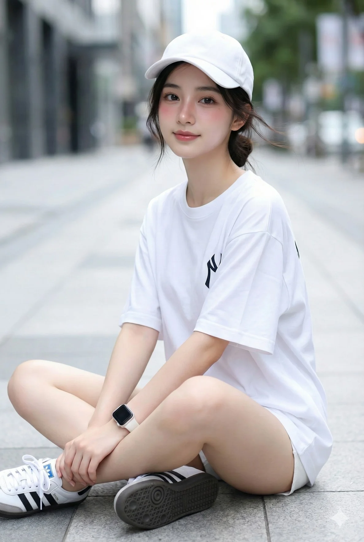 Young woman in an oversized white T-shirt and smartwatch seated on a city sidewalk