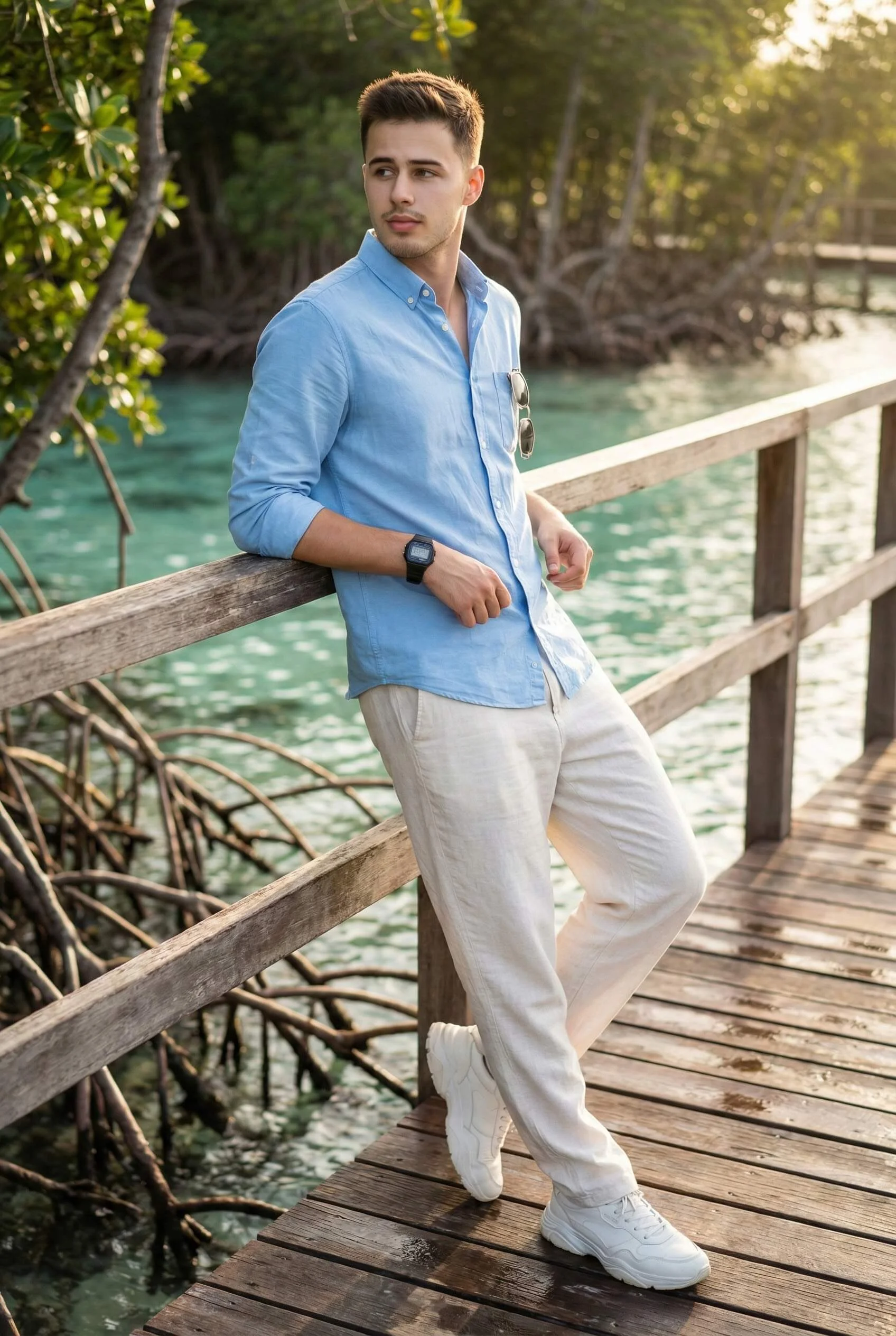 Man in a sky-blue shirt leaning on a wooden boardwalk railing by the coast
