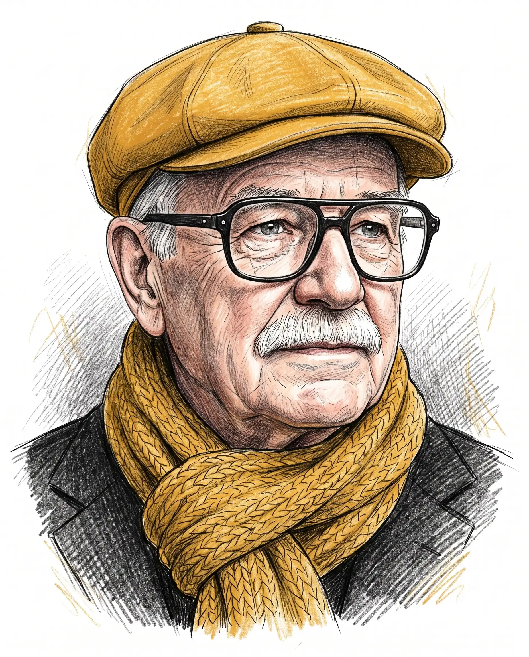 Man wearing black glasses, a mustard cap, and knitted scarf in a colored-pencil drawing