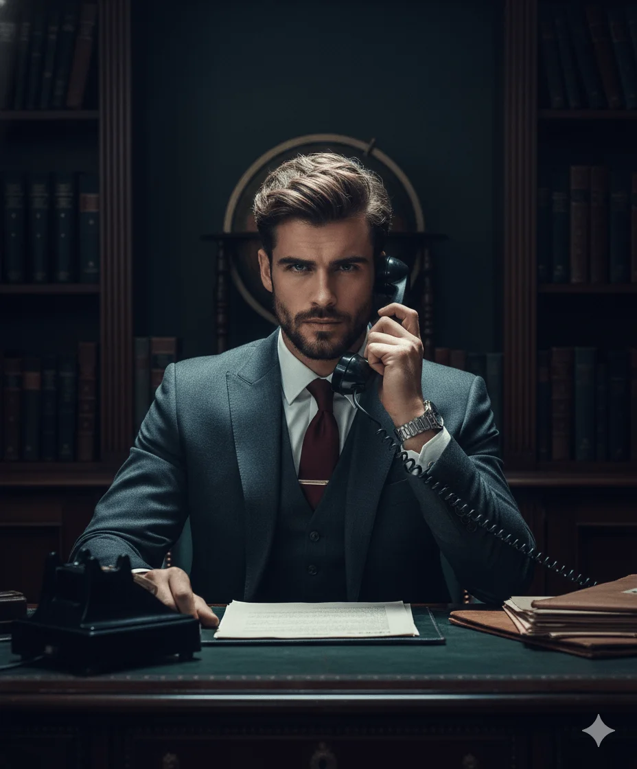 Powerful executive seated behind an antique desk in a dark office library