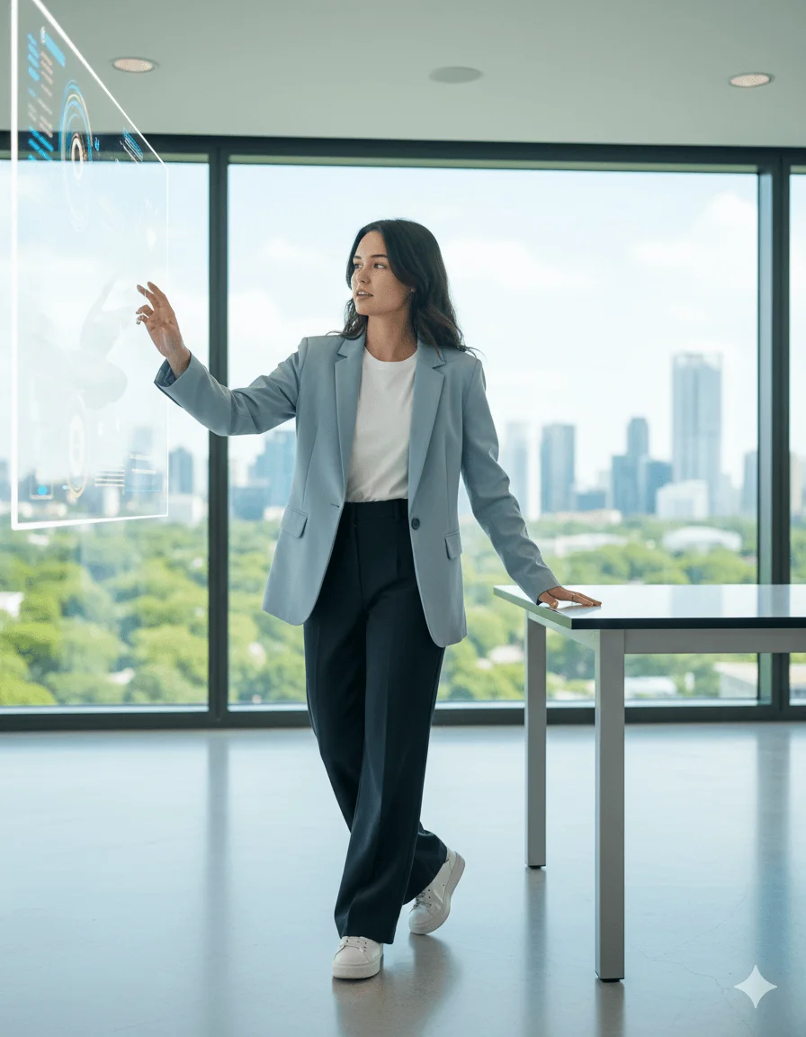 Confident woman interacting with a floating holographic interface in a modern office
