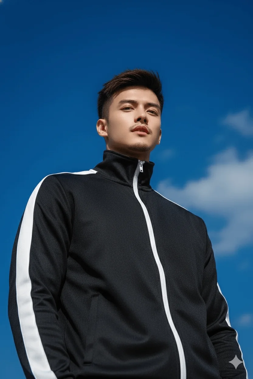 Confident man in a black athletic tracksuit photographed against a vivid blue sky