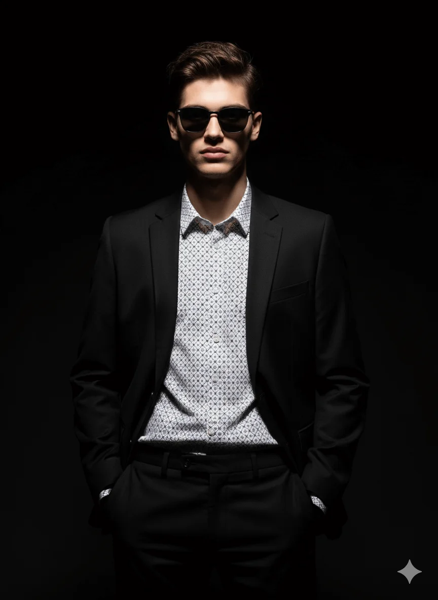 Confident man in a black suit and sunglasses standing under a dramatic spotlight
