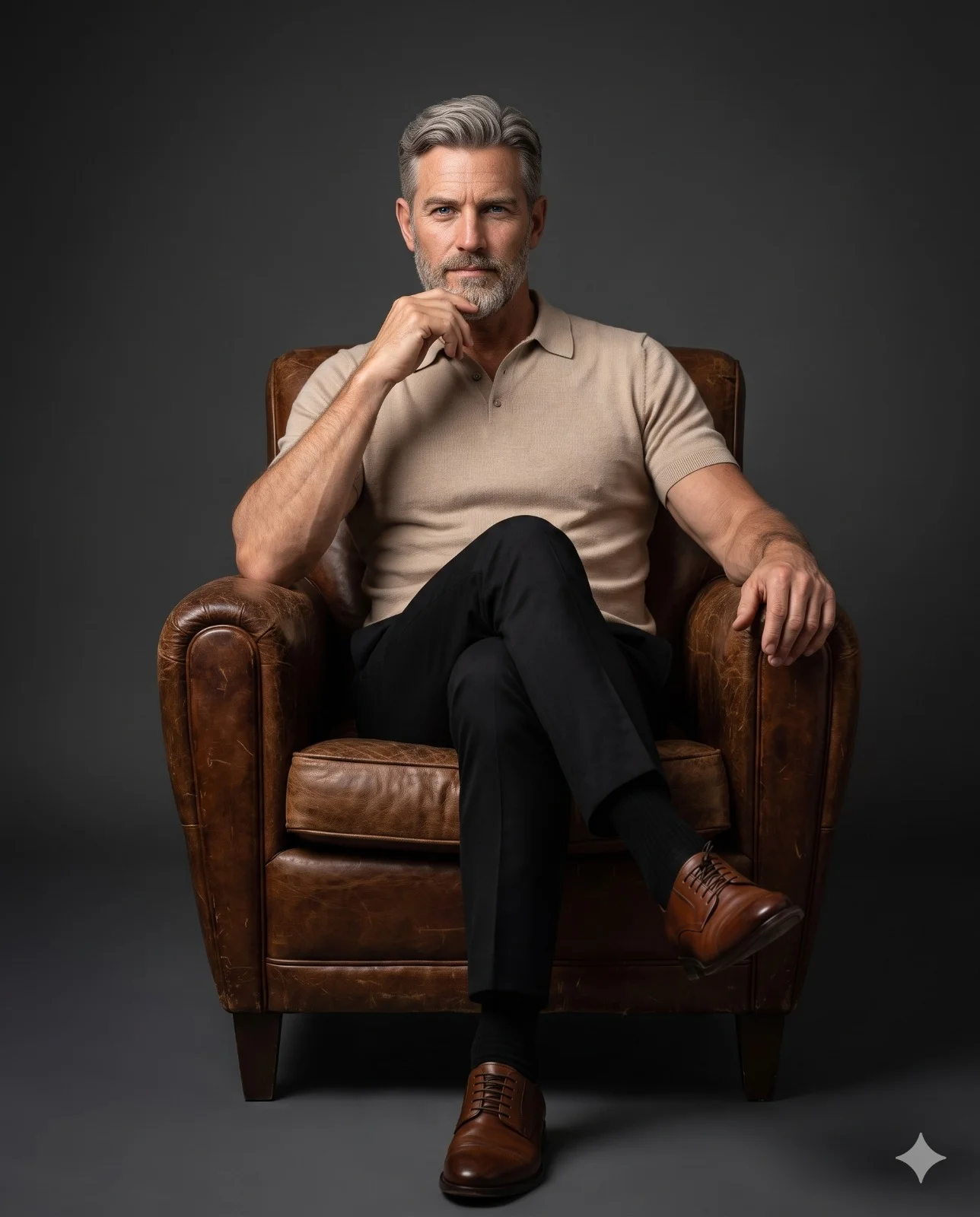 Confident man in a beige polo seated in a vintage brown leather club chair