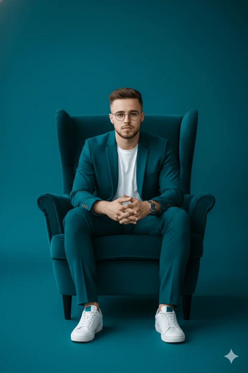 Man in a color-matched suit seated in a high-back chair in a monochrome studio
