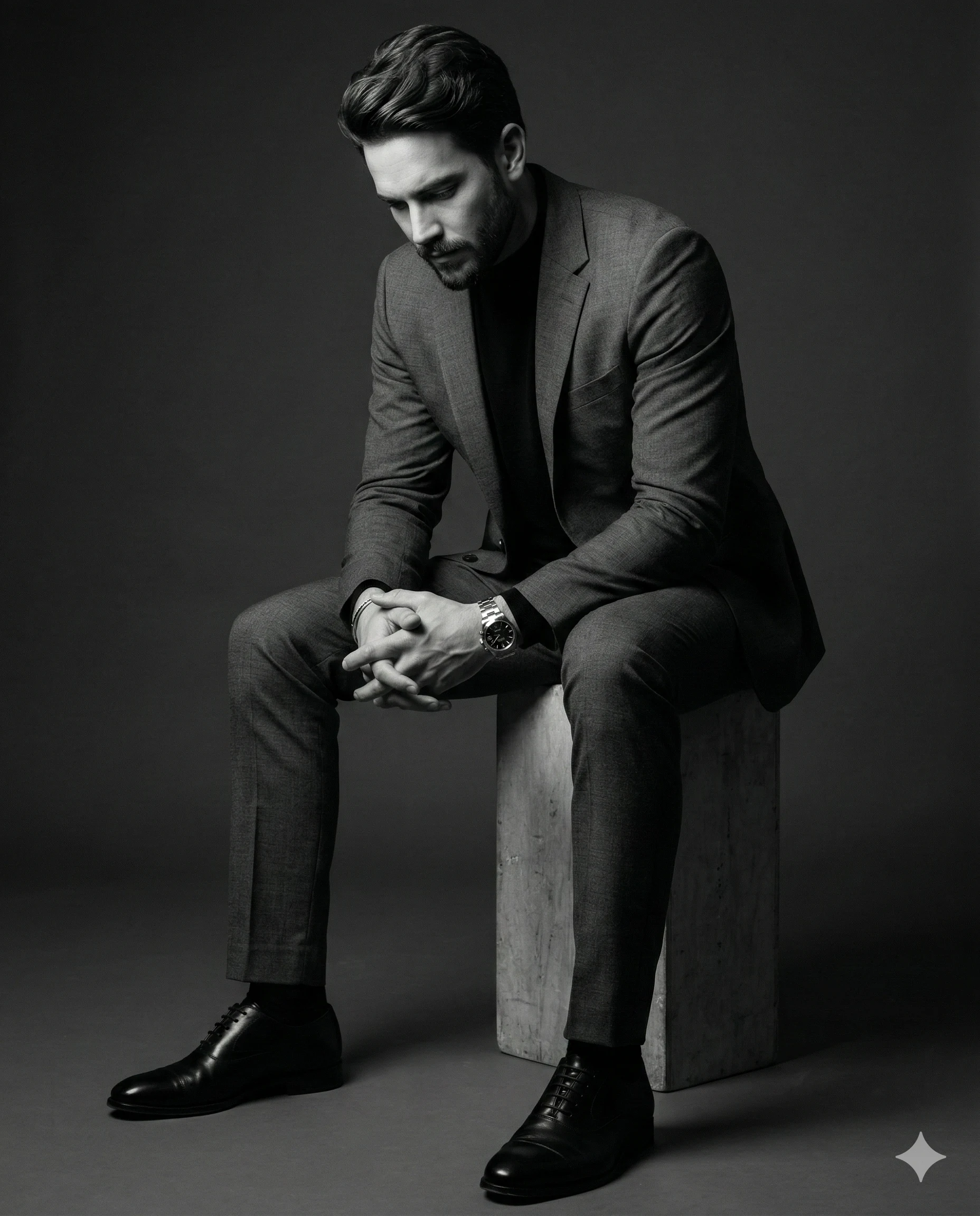 Thoughtful man in a dark suit seated on a stone block in a monochrome studio