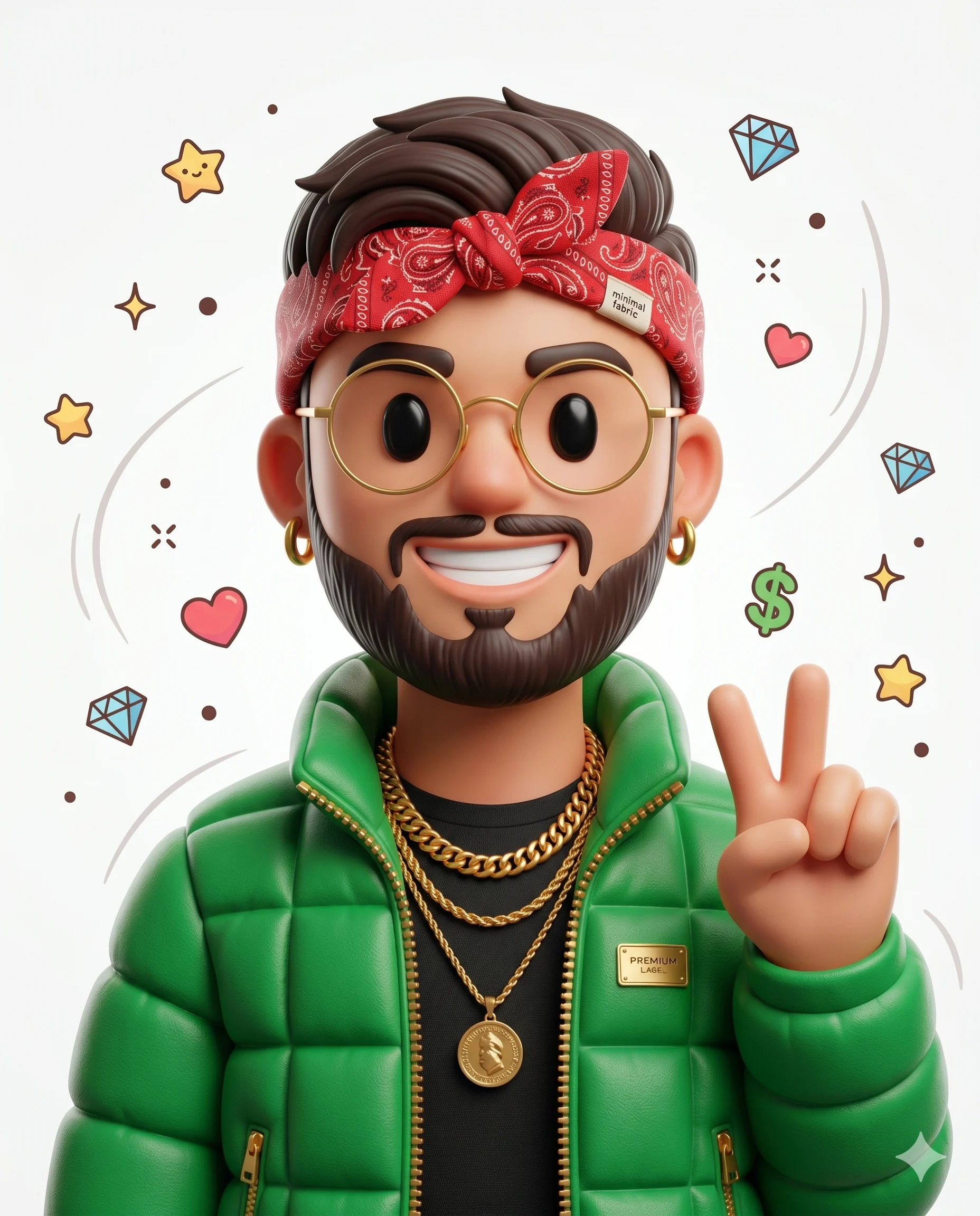 Stylized 3D boy avatar wearing a red bandana, green puffer jacket, and gold chains