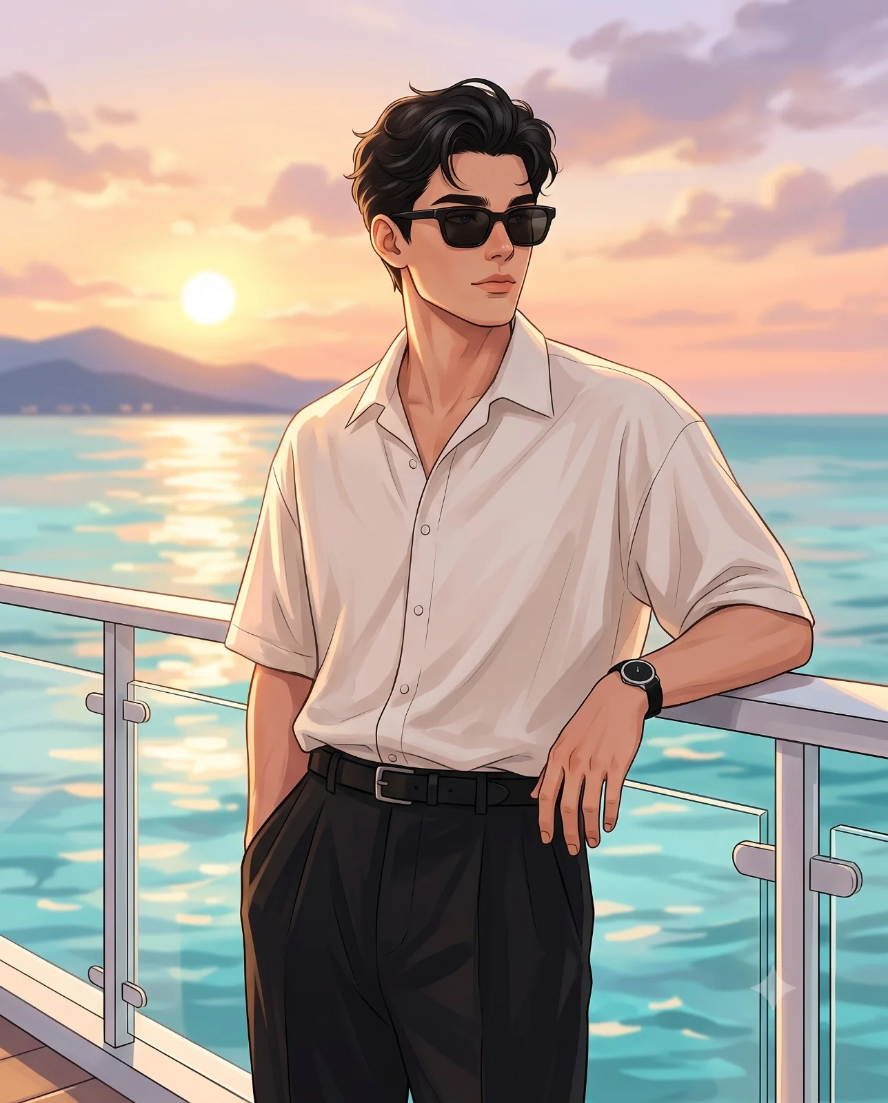 Anime-style man in sunglasses leaning on a waterfront railing at golden hour