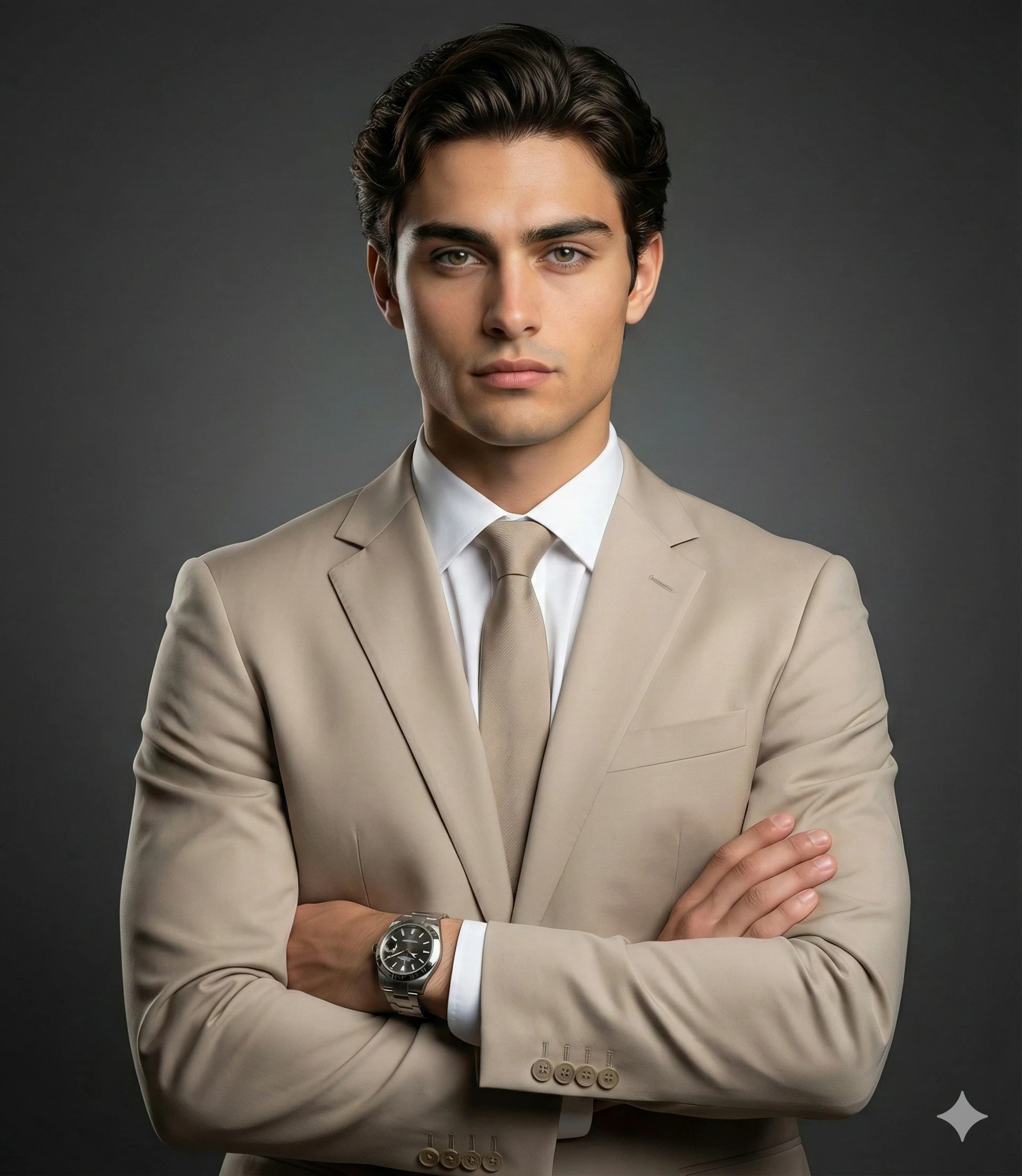 Confident man in a beige suit with arms crossed against a charcoal-gray studio backdrop