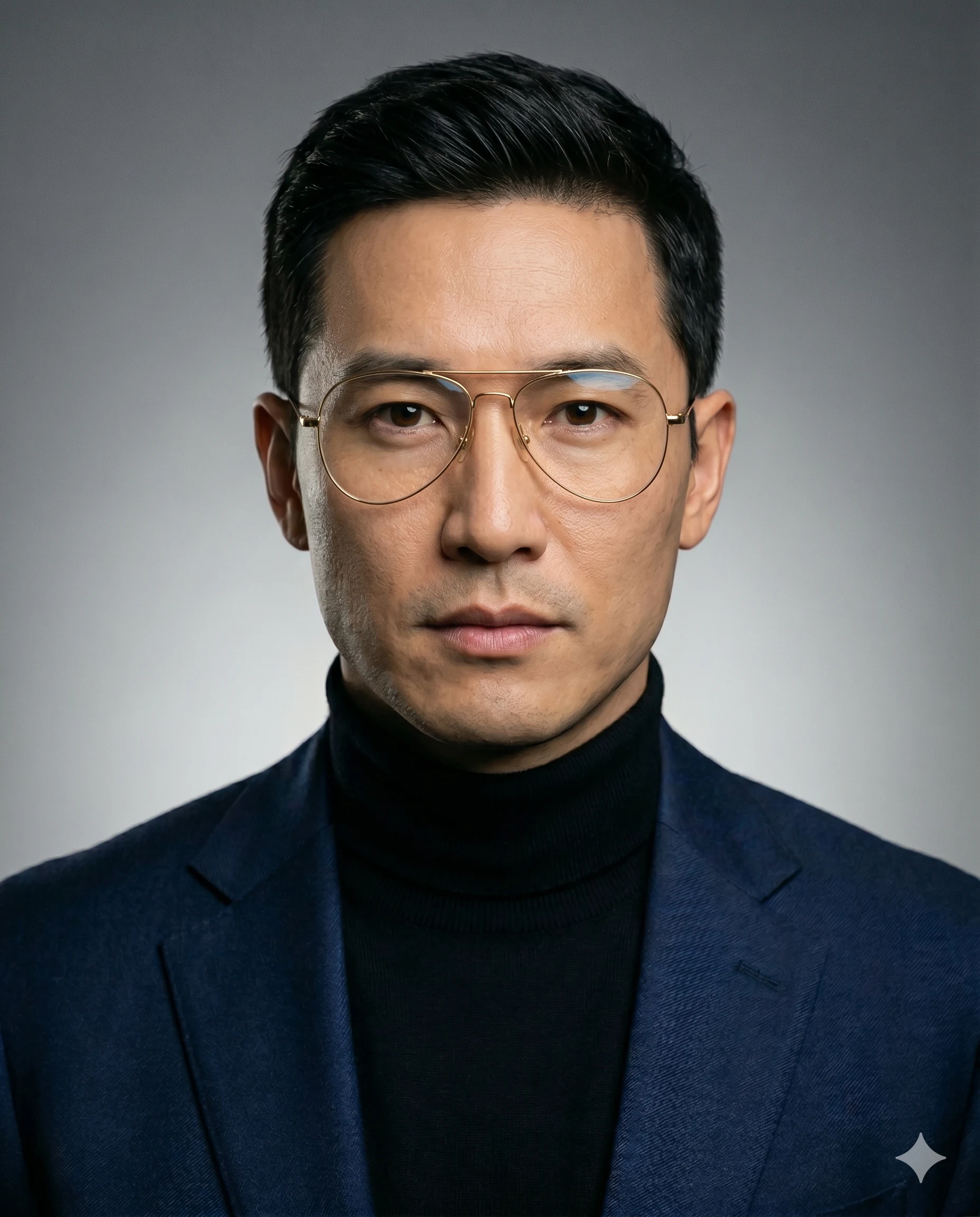 Serious man in a navy blazer and black turtleneck wearing gold aviator glasses