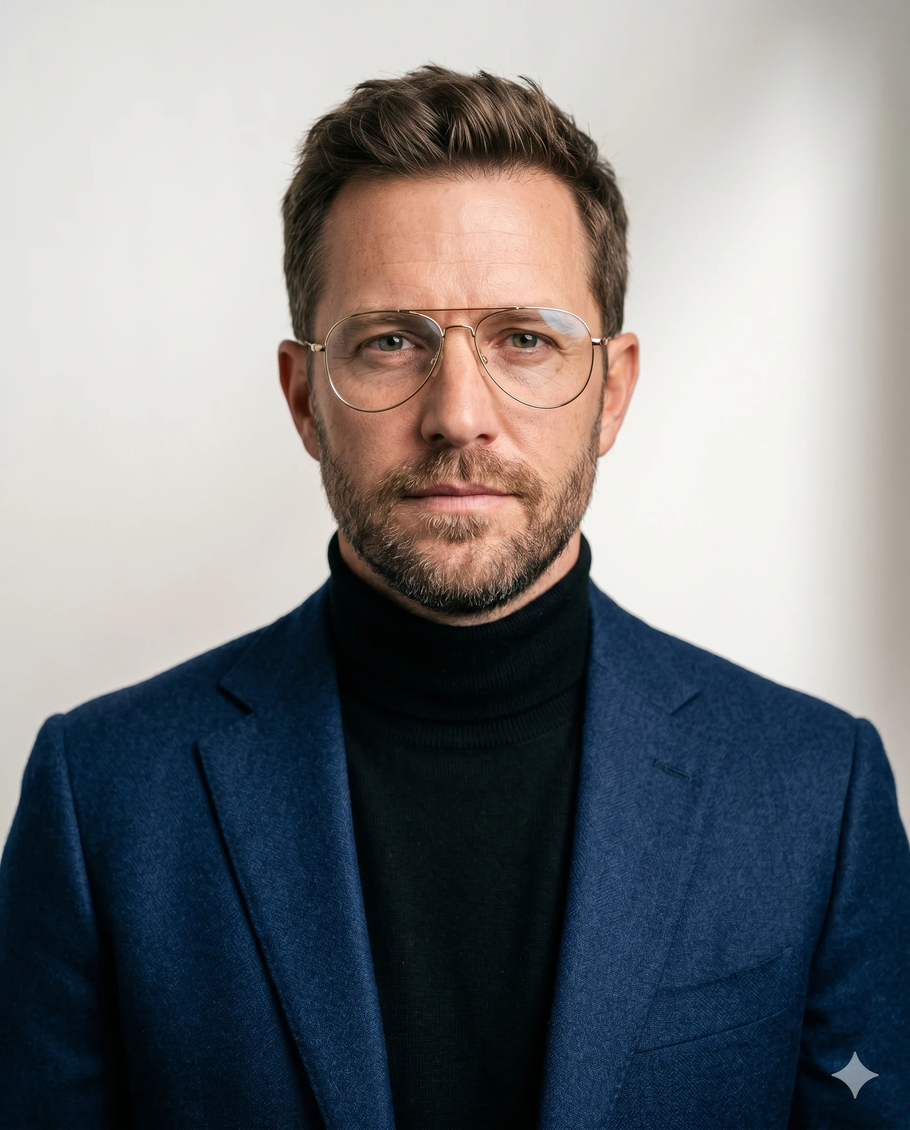 Man in a navy blazer and black turtleneck wearing gold aviator glasses