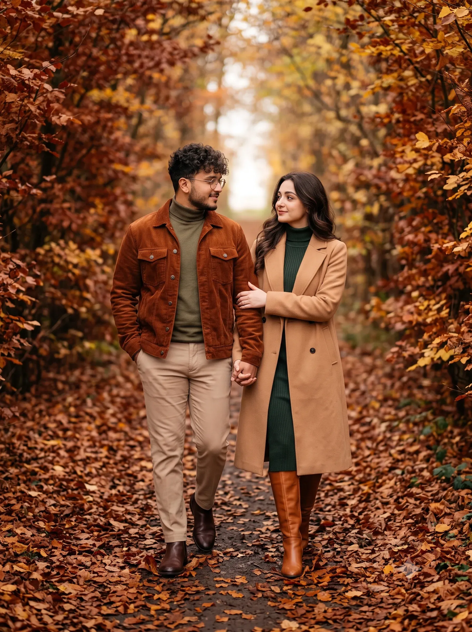 Stylish couple holding hands while walking along a leaf-covered autumn forest path