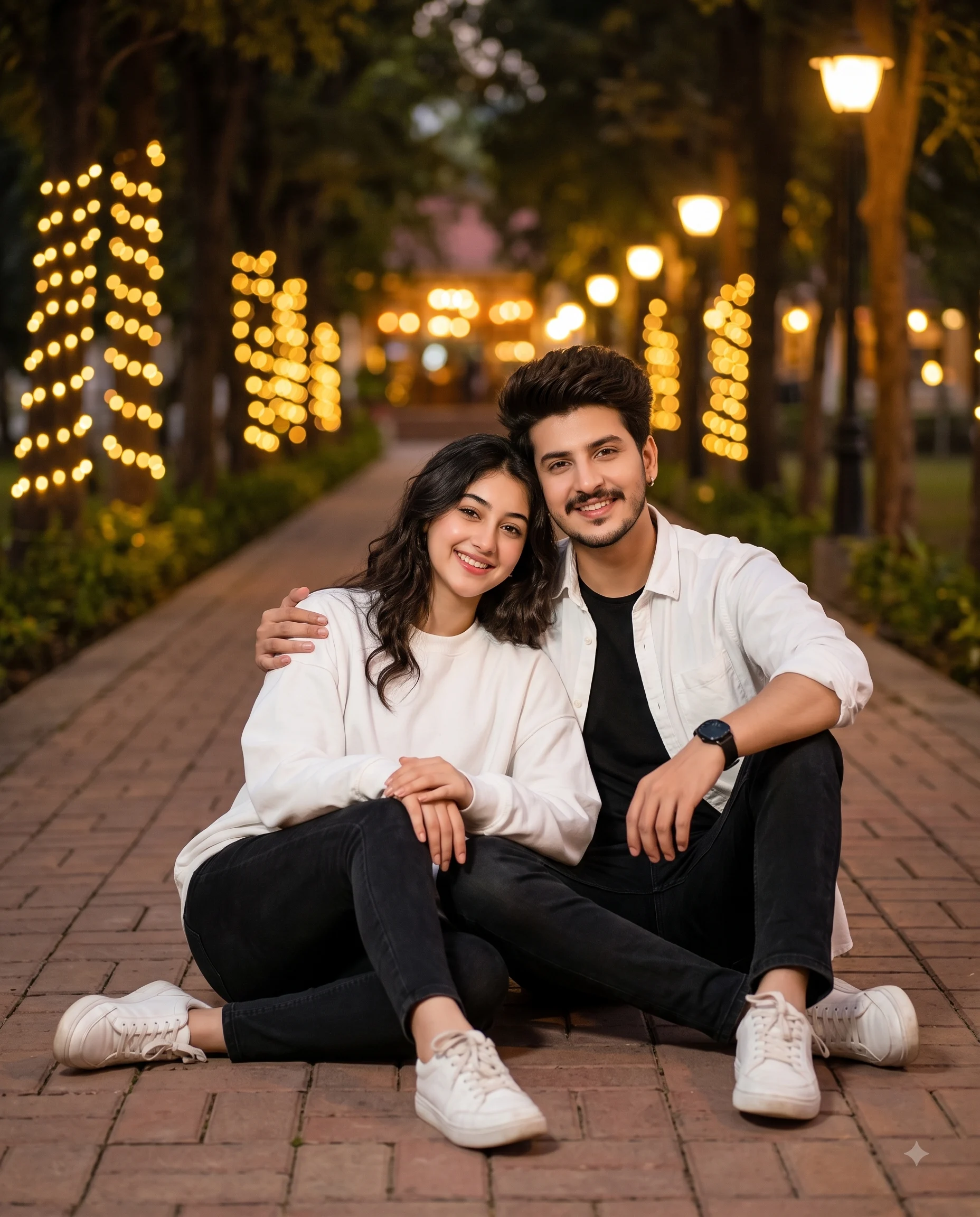 Smiling couple seated on a brick pathway beneath warm fairy lights at night